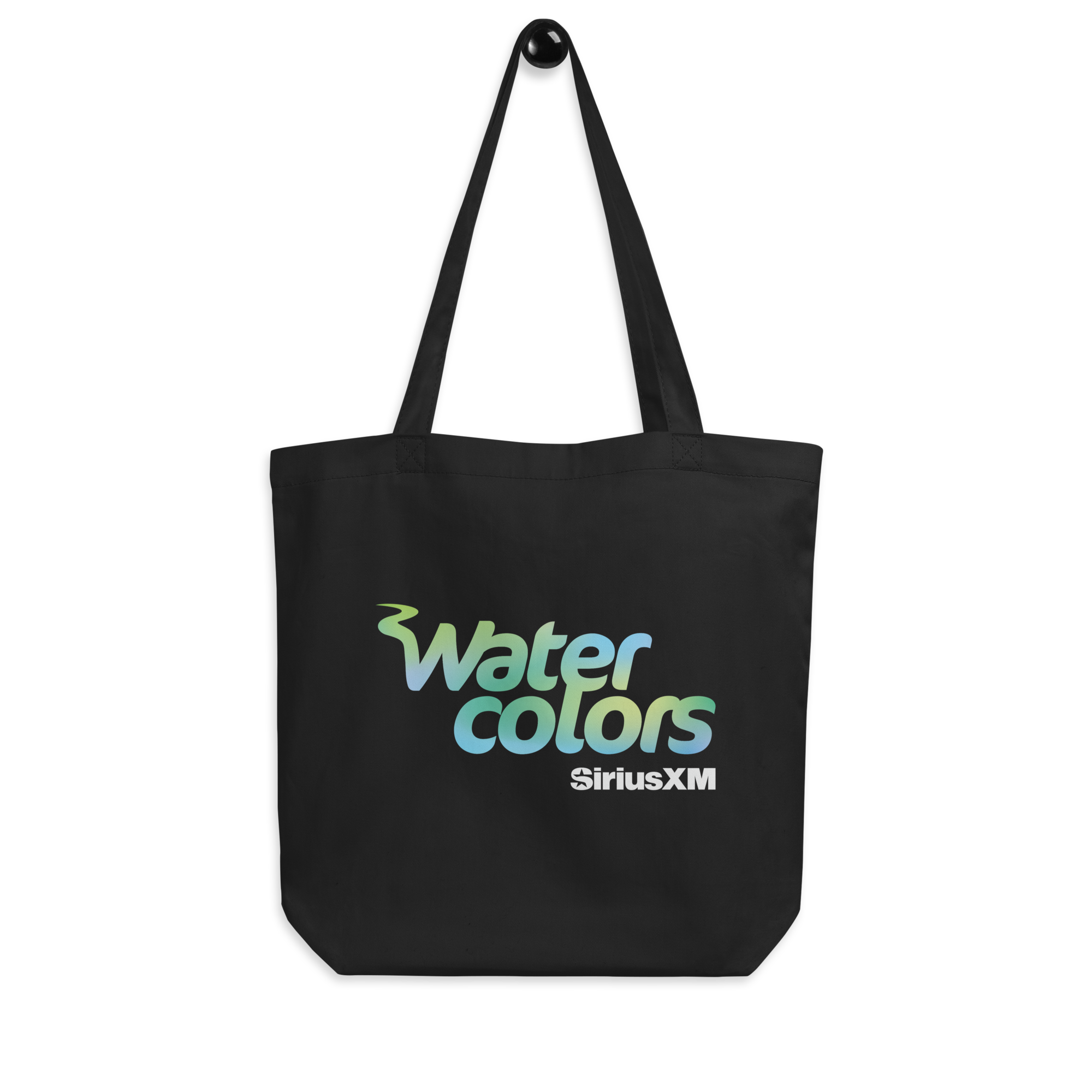 Black tote bag with 'Water colors' in blue and green gradient font and  'SiriusXM' logo in white.