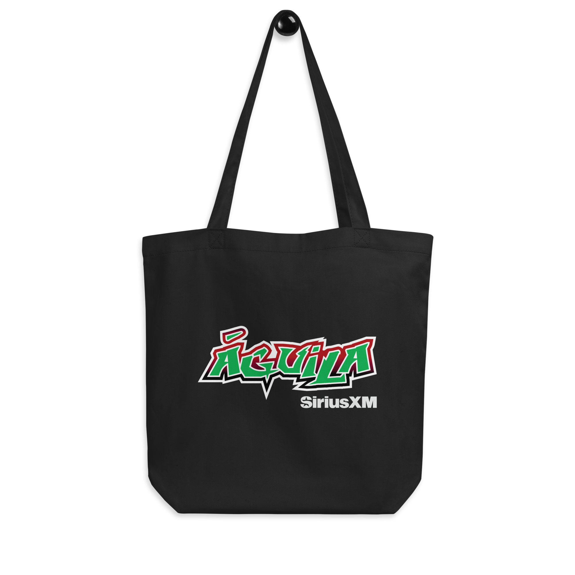Black tote bag featuring the words 'ÁGUILA' in green, red and white and 'SiriusXM' in vibrant colors.