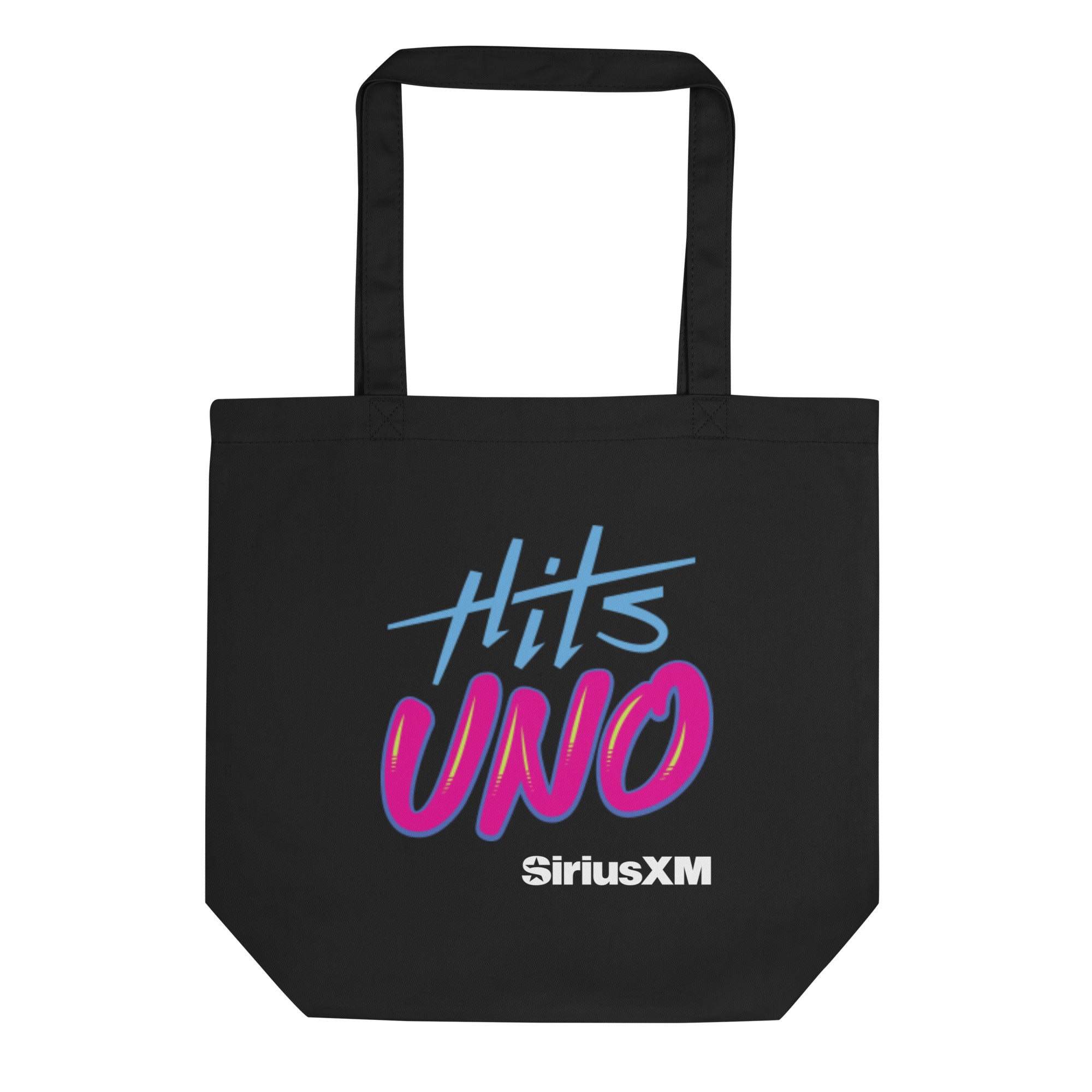 Black tote bag featuring colorful blue and pink 'Hits UNO' and the SiriusXM logo in white.
