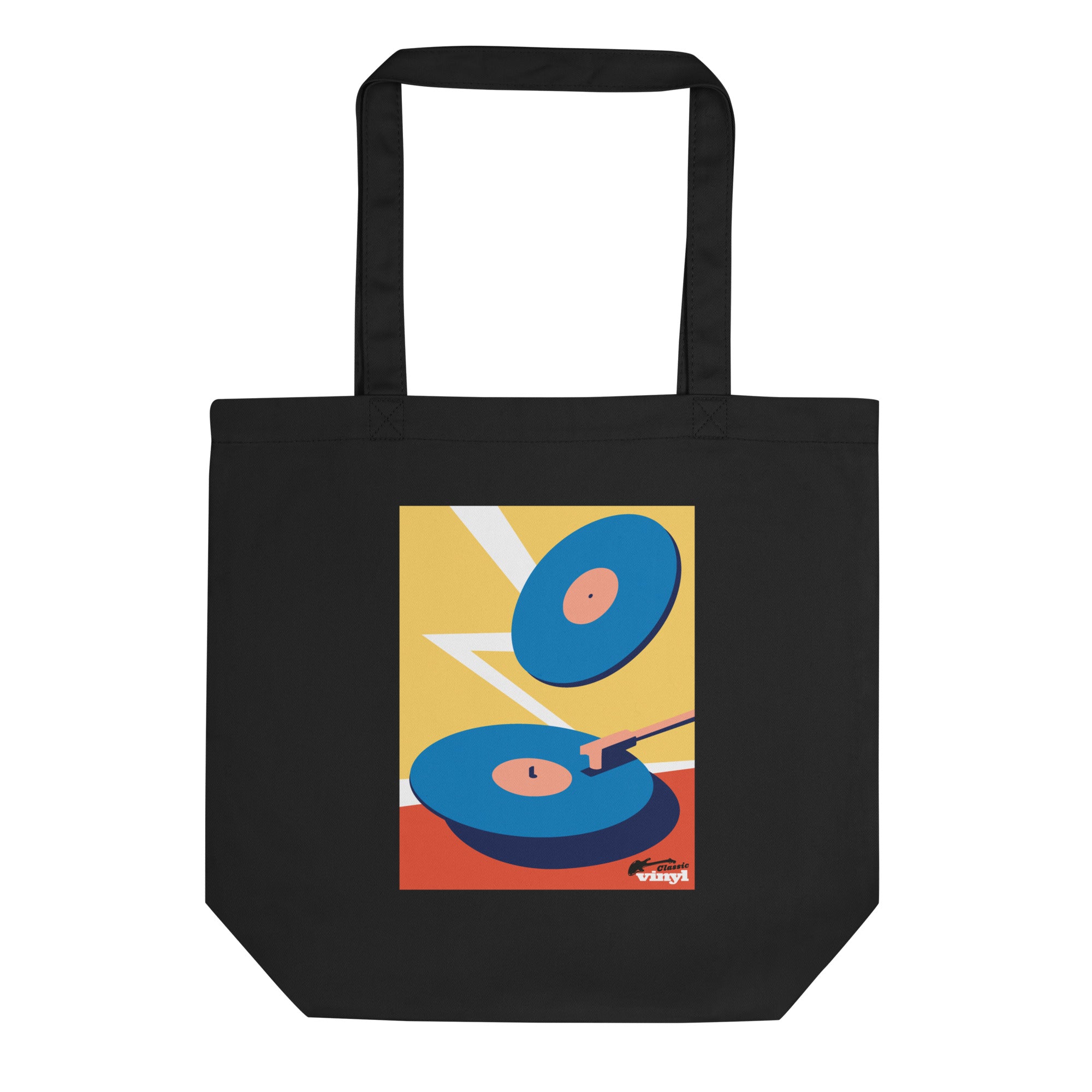 Front view of a black tote bag with long handles. The front features a colorful rectangular graphic showing two blue vinyl records on a red and yellow background with a white zigzag lightning shape behind them, and a small 'Classic vinyl' logo in black and red at the bottom right.