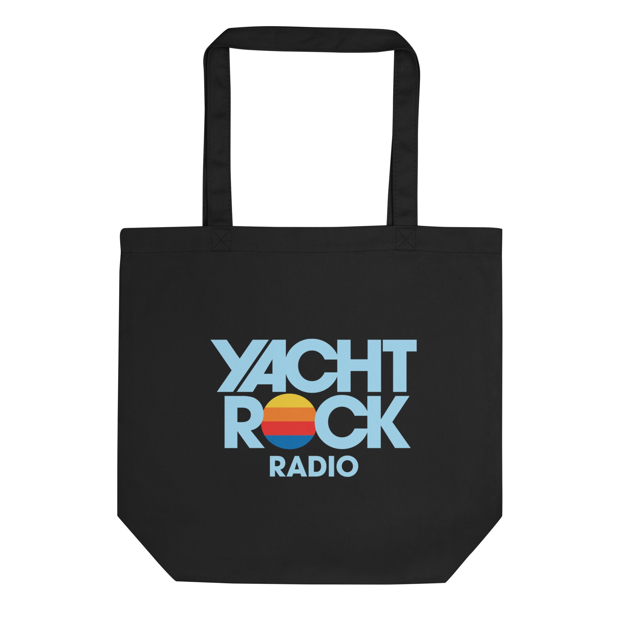 Black tote bag with 'Yacht Rock Radio' text design on a white background