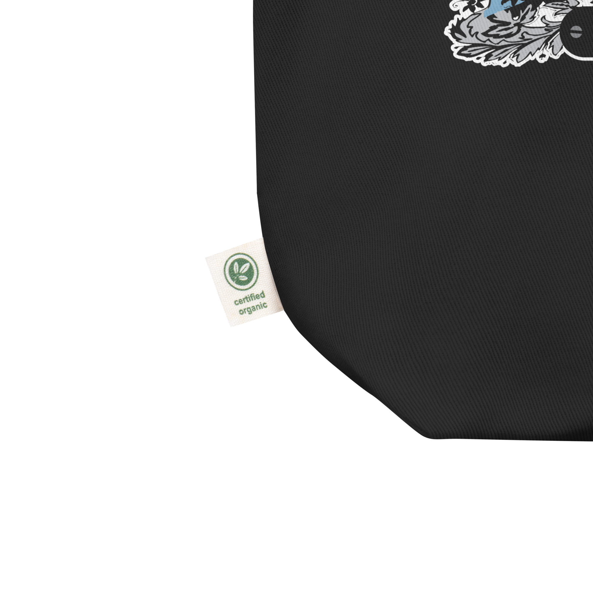 Black tote bag with a colorful graphic design and a small tag that says 'certified organic.'