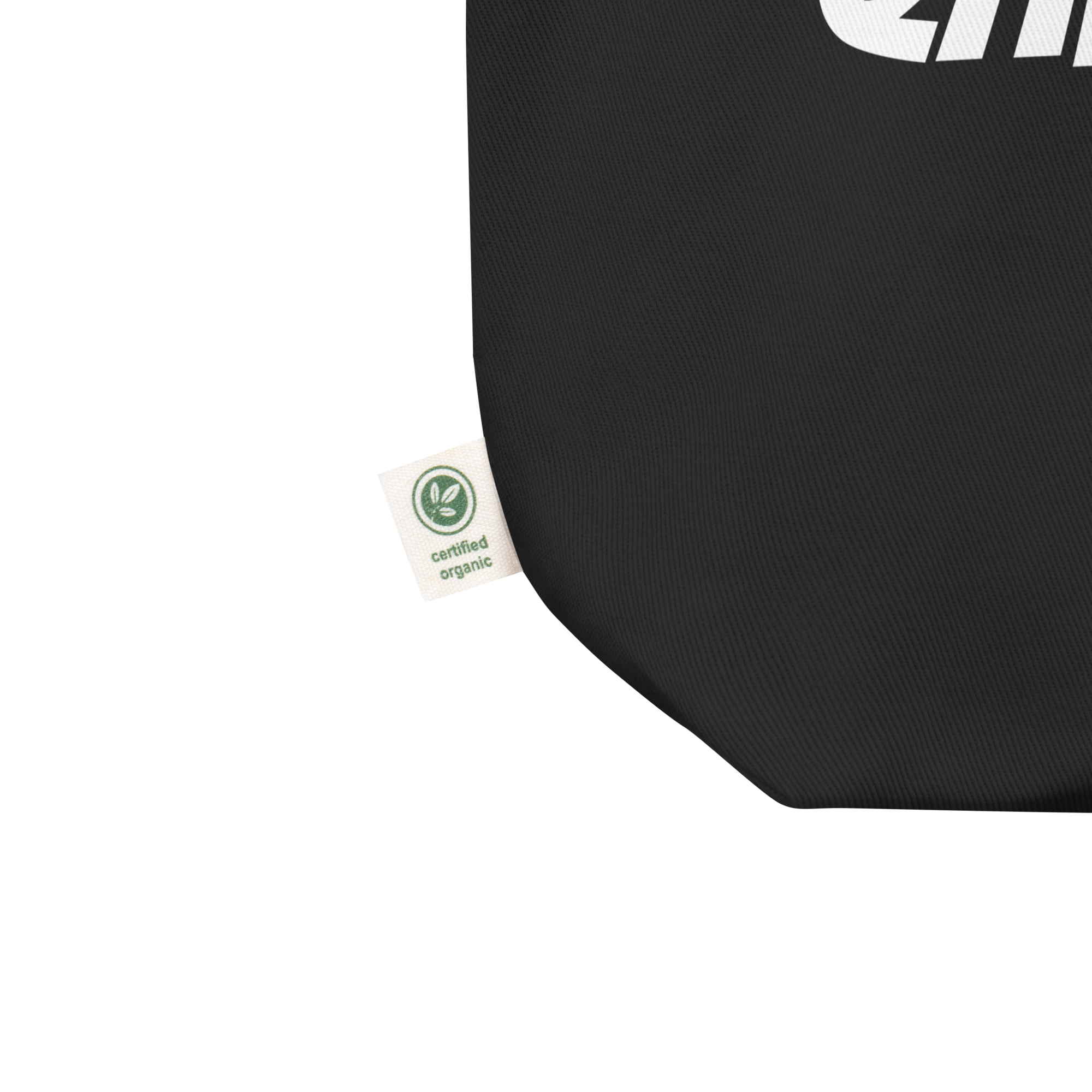 Black tote bag with white logo and a 'certified organic' tag on the side.