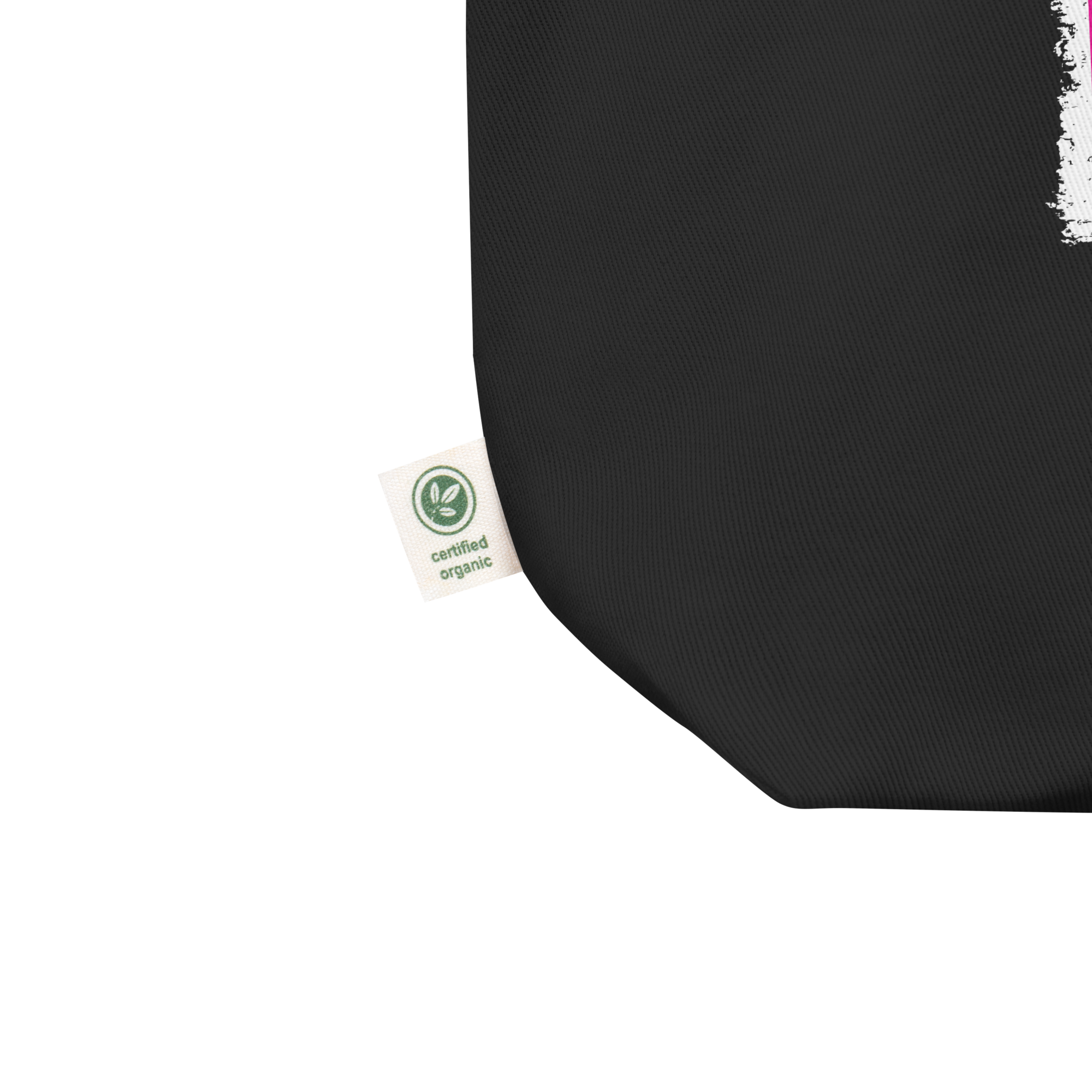 Black fabric tote close up of 'certified organic' label on the side.