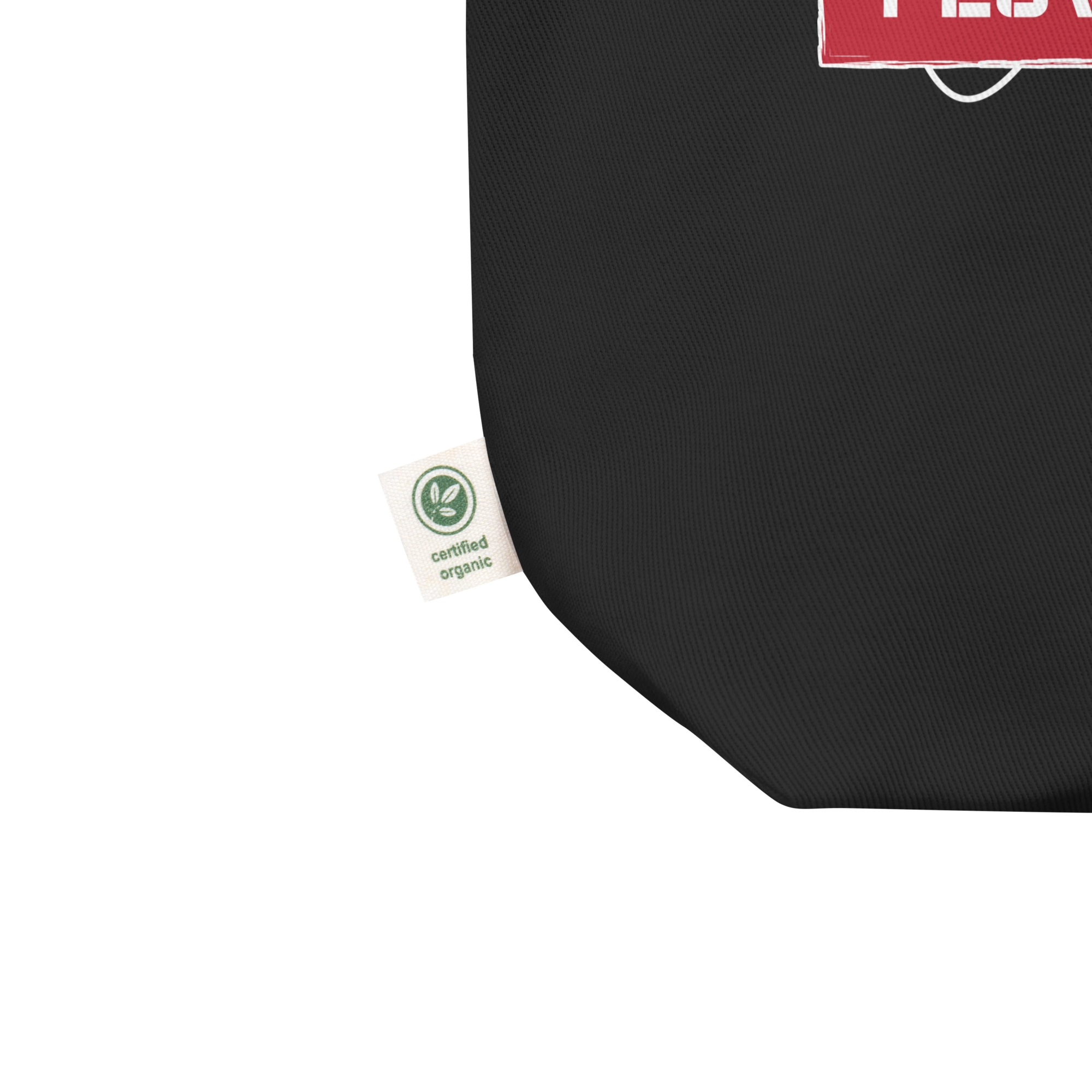 Black tote bag with a 'Certified Organic' tag.