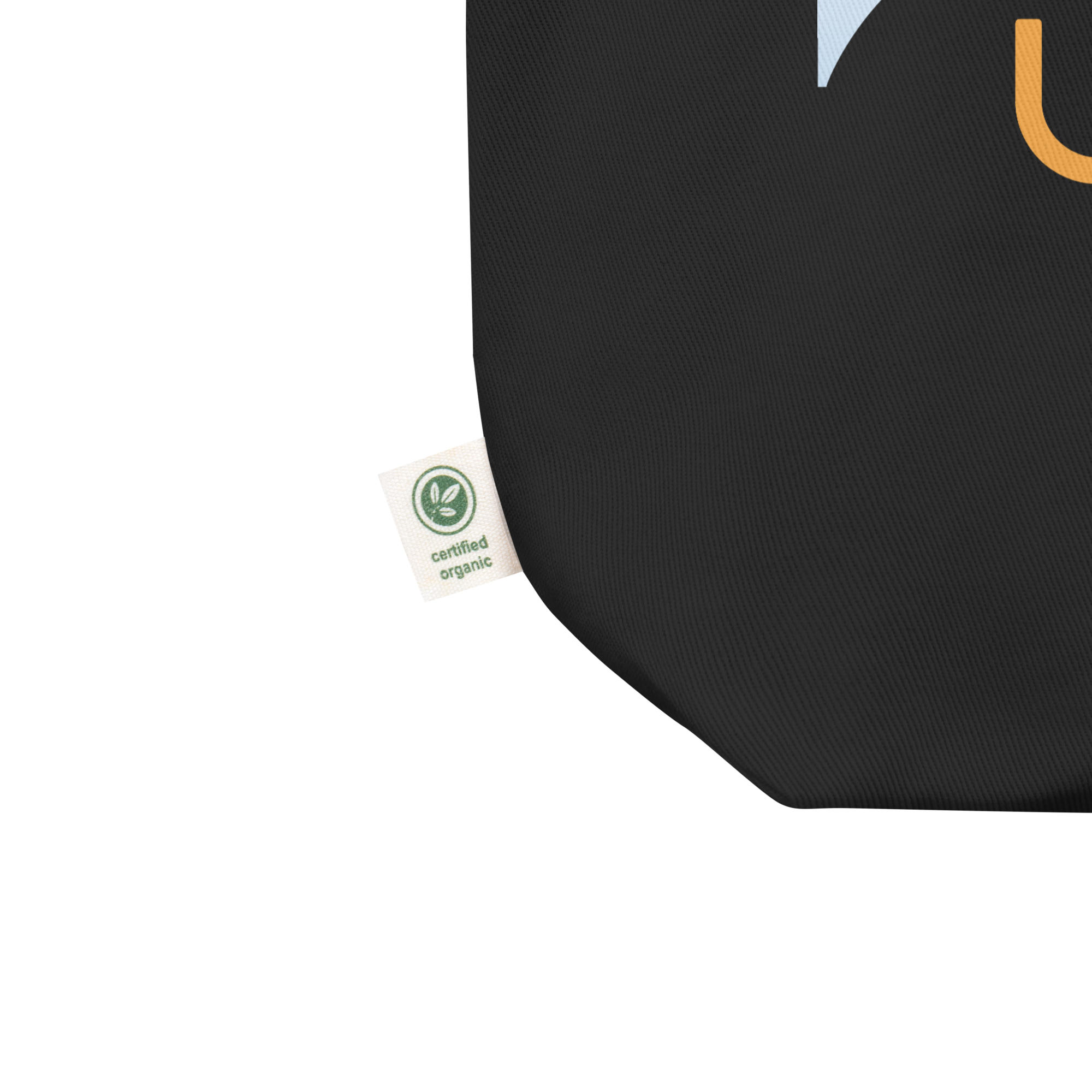 Black bag featuring a design and a label that reads 'certified organic.'