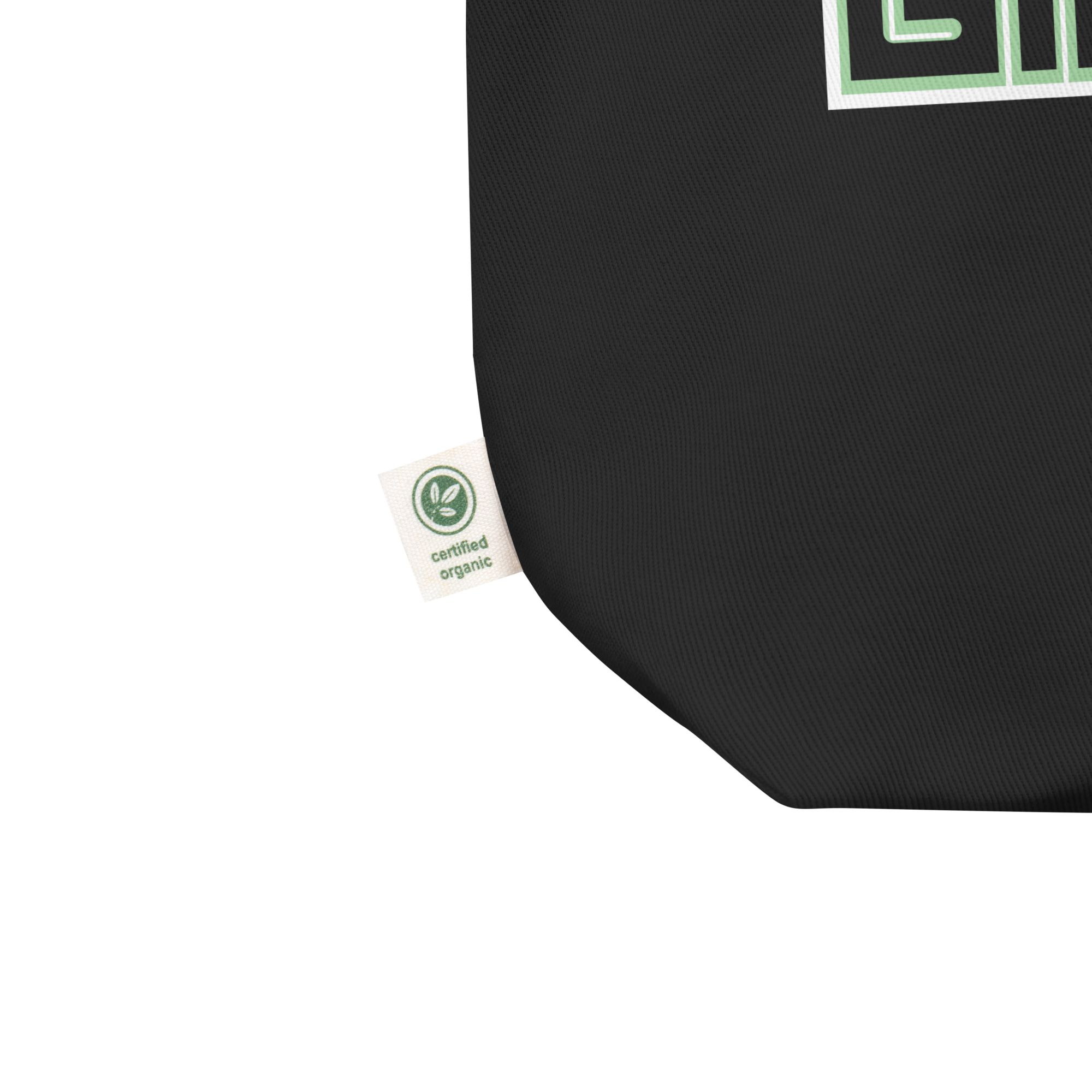 Black bag with green logo and a tag reading 'certified organic.'