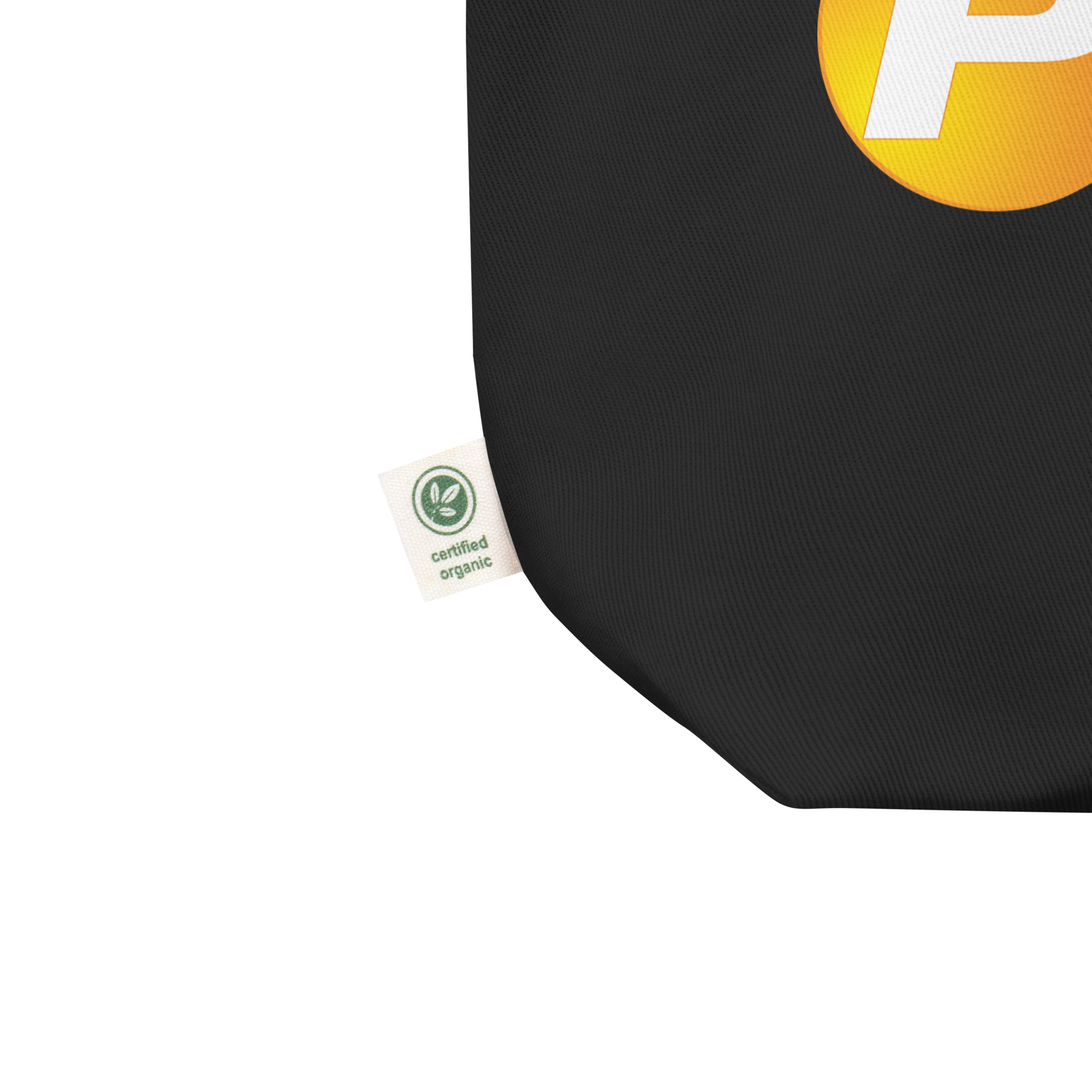 Black canvas bag showing manufacturere's tag 'certified organic.'