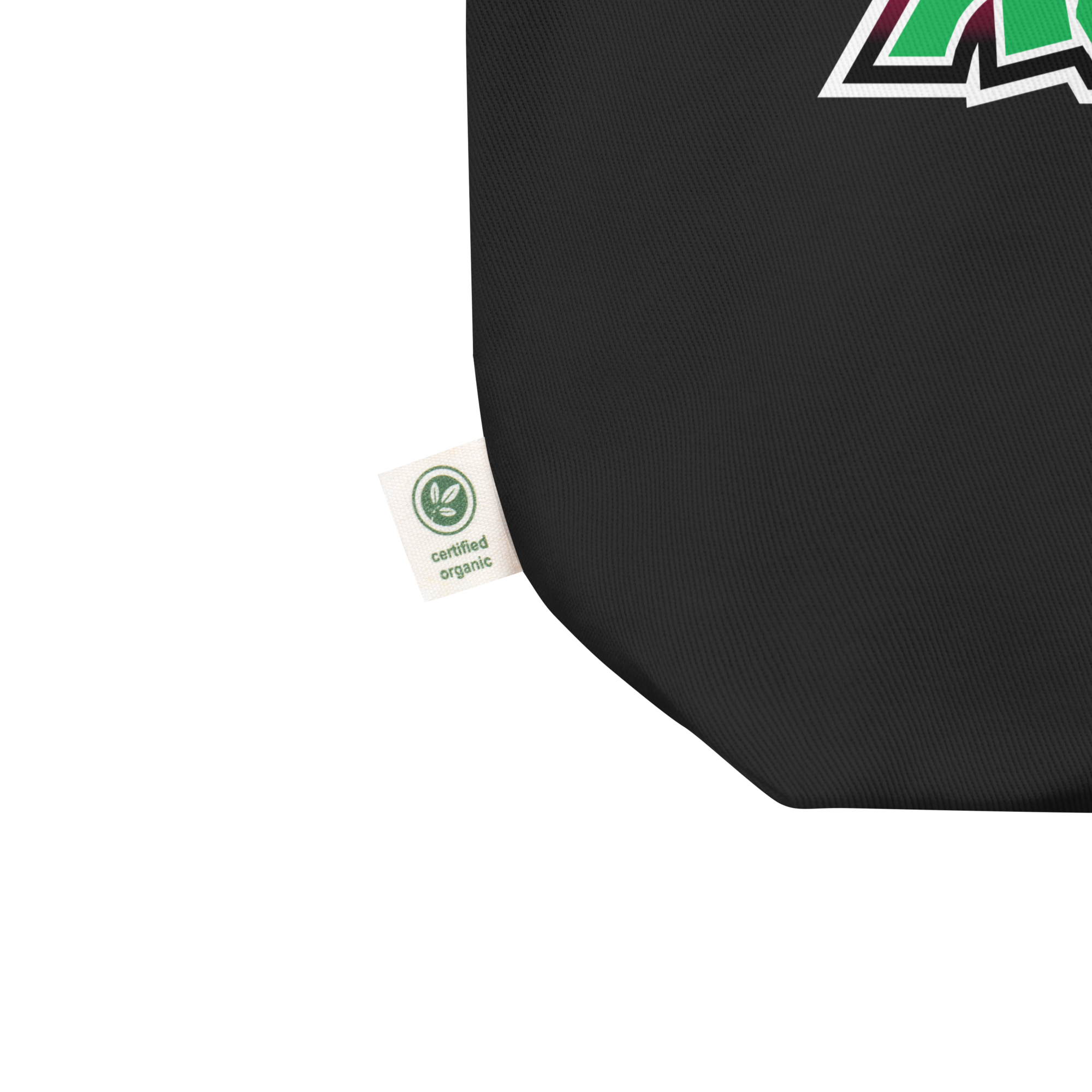 Black fabric tote bag featuring a close up image of a label that says 'certified organic.'