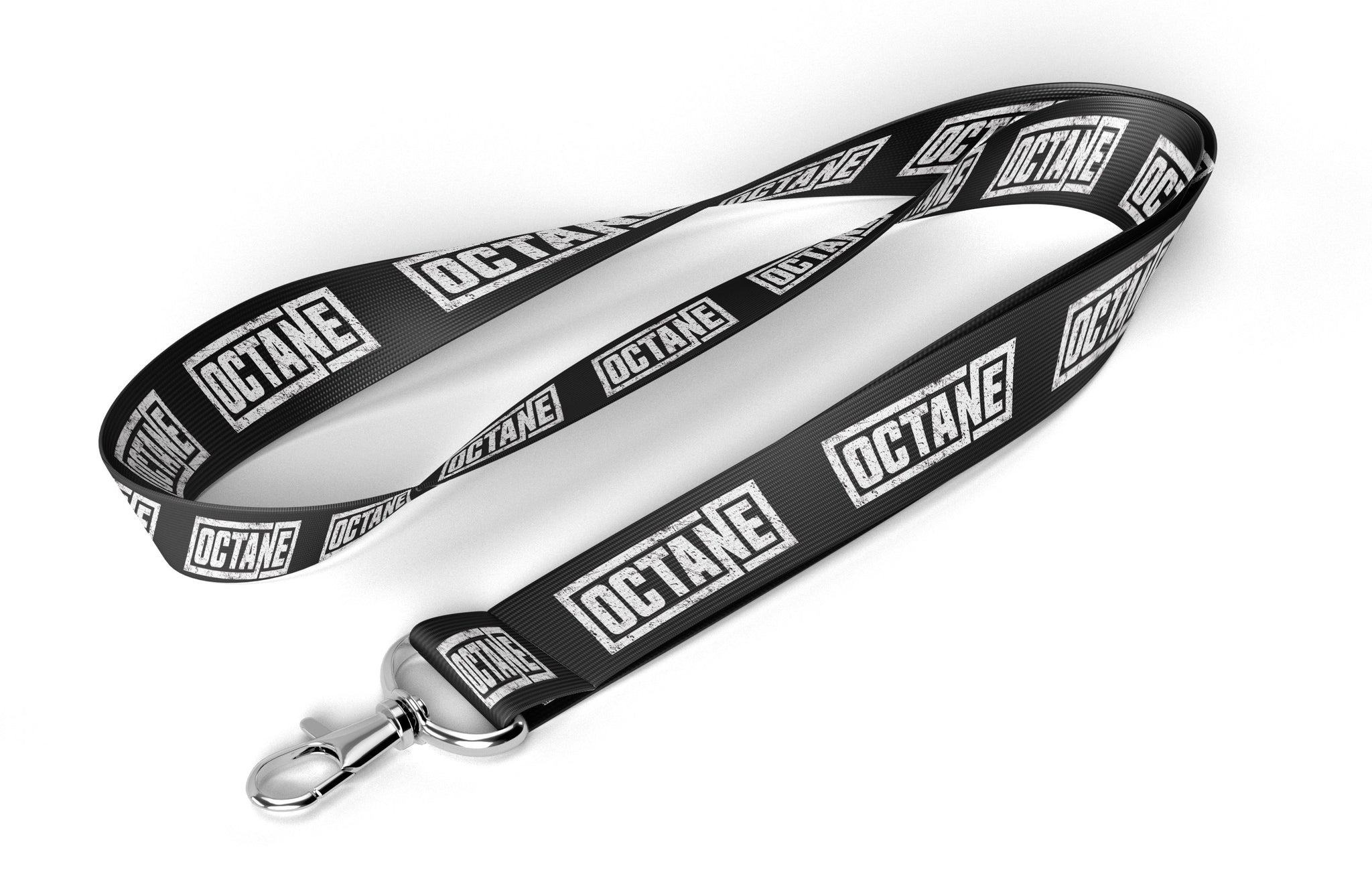 Black lanyard featuring repeated white 'OCTANE' logos, with a metal clip attachment.