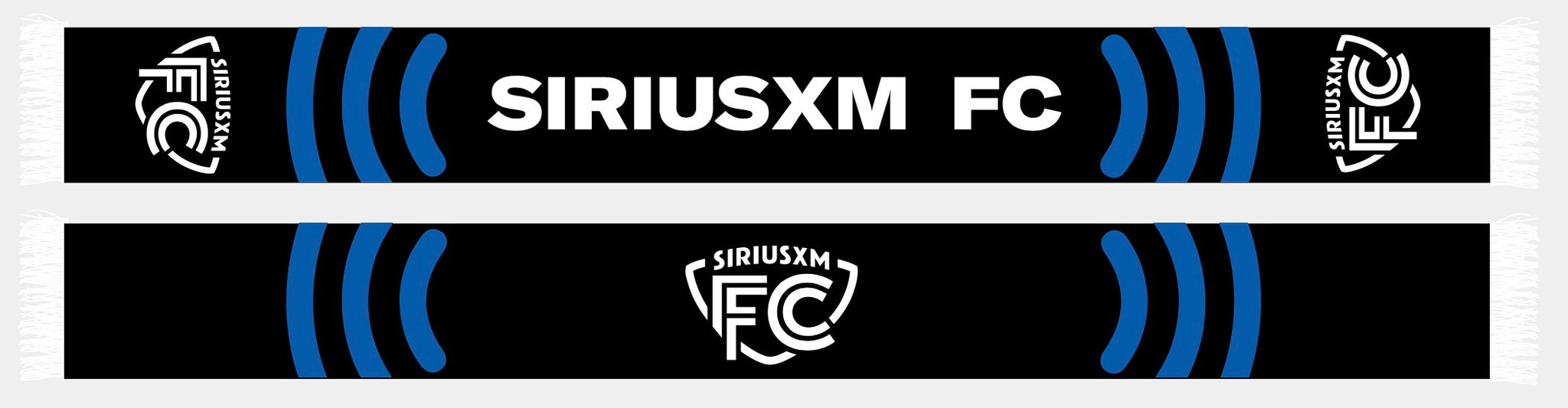 Black scarf with white text 'SIRIUSXM FC' and logo designs, featuring blue accents and fringes.