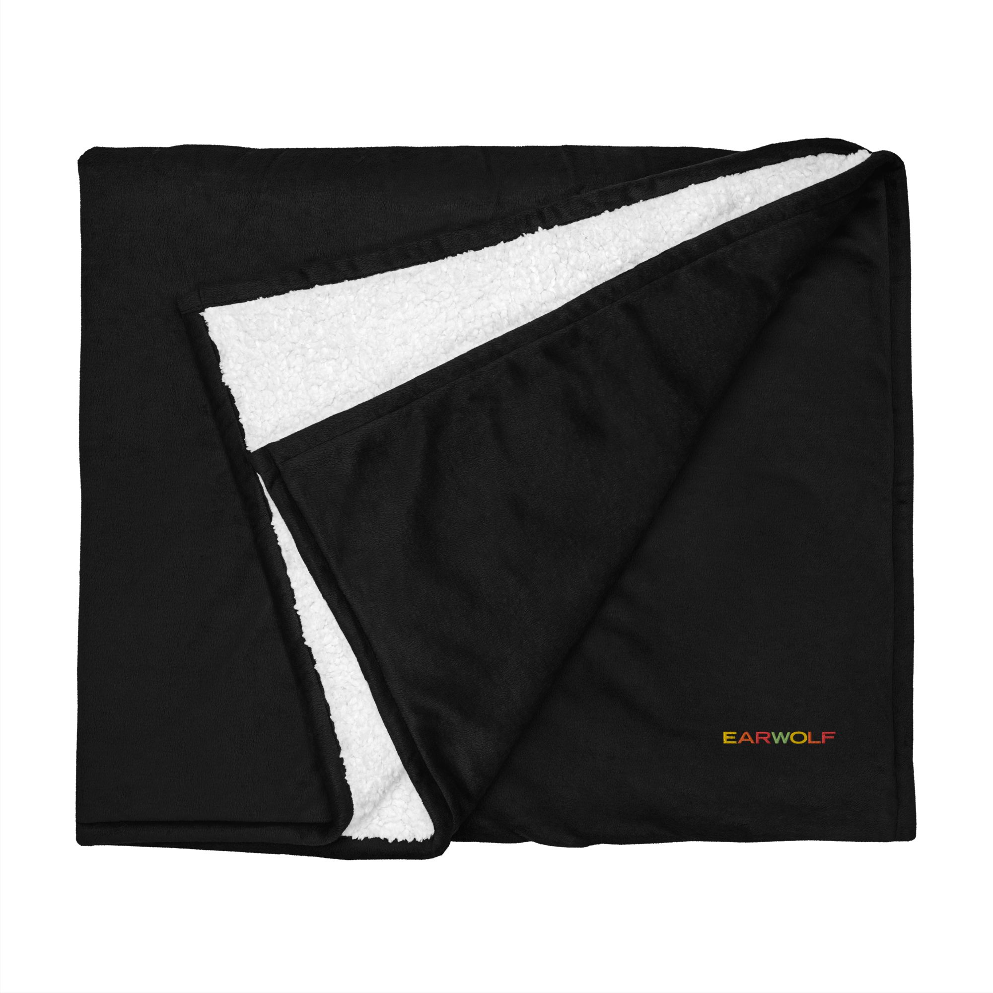 Black and white fleece blanket featuring the 'EARWOLF' logo in red and yellow.