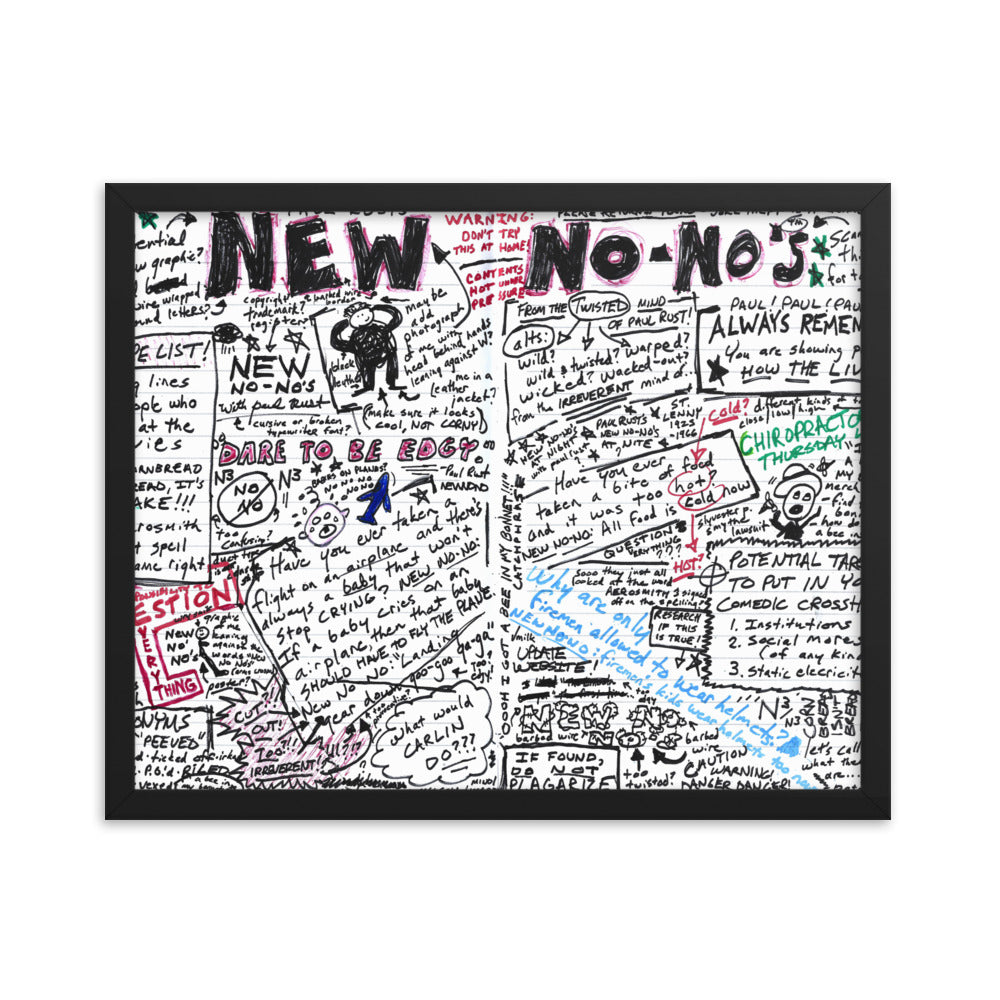 A poster in a black frame featuring chaotic, handwritten notes, lists, doodles, and reminders titled 'NEW NO-NOs' in bold letters.