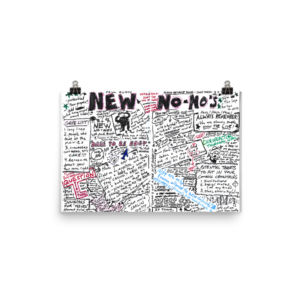 A poster featuring chaotic, handwritten notes, lists, doodles, and reminders titled 'NEW NO-NOs' in bold letters on a black background.