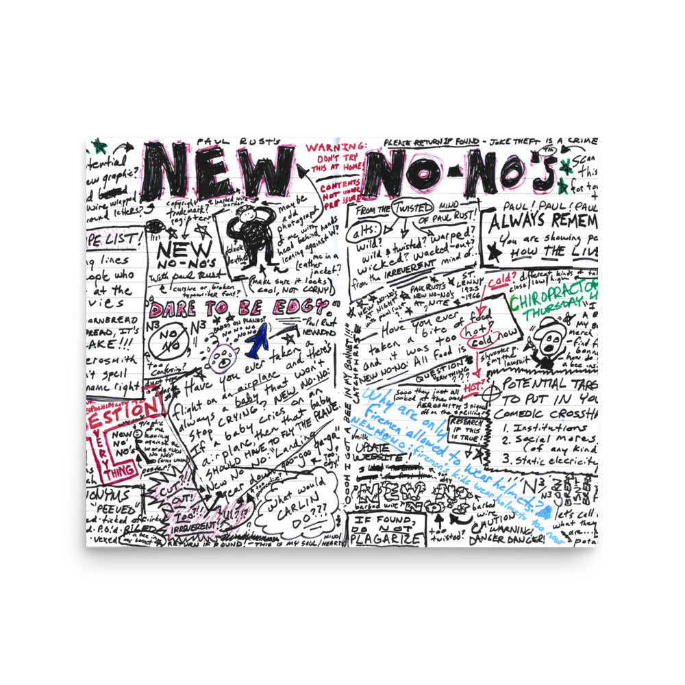 A large poster featuring chaotic, handwritten notes, lists, doodles, and reminders titled 'NEW NO-NOs' in bold letters on a white background.