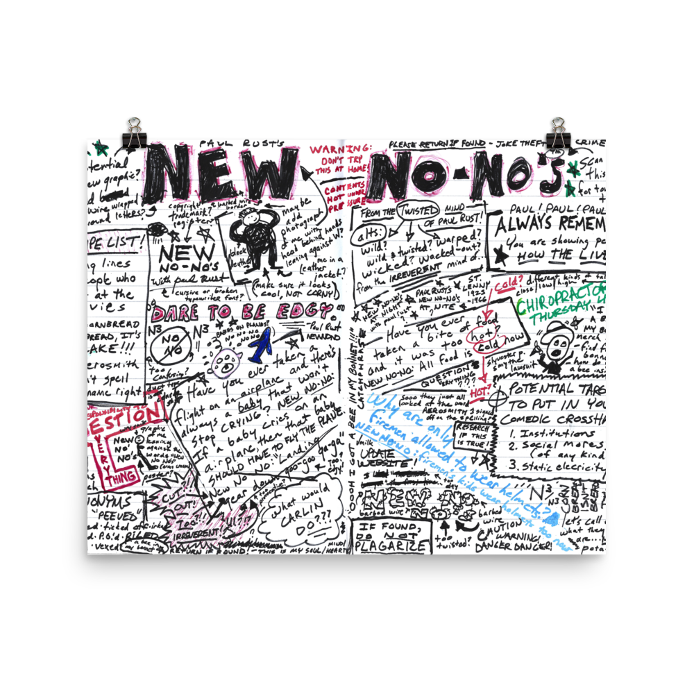 A large poster featuring chaotic, handwritten notes, lists, doodles, and reminders titled 'NEW NO-NOs' in bold letters on a black background.