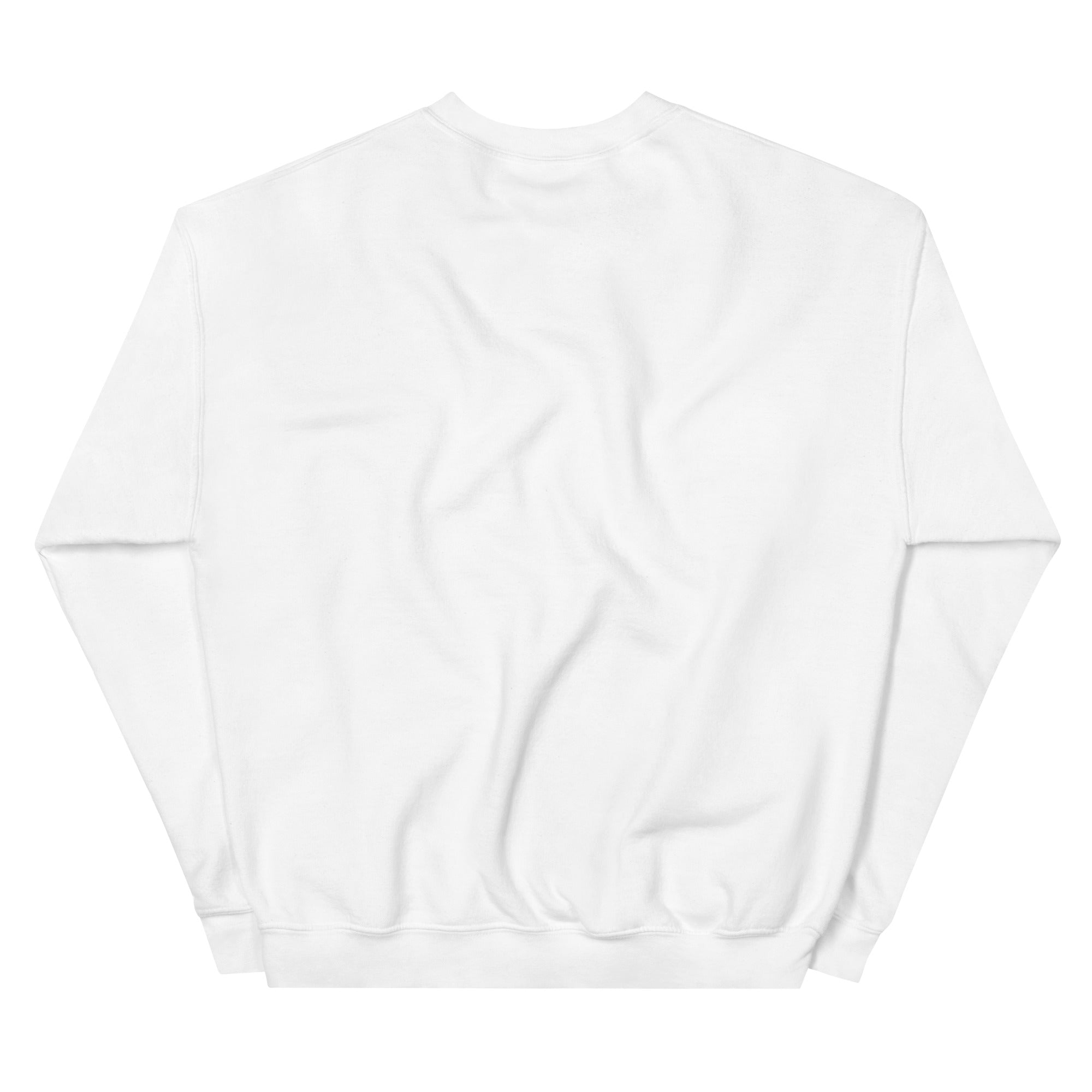 The back view of the white crewneck sweatshirt, showing a clean and simple design with no visible branding or text.