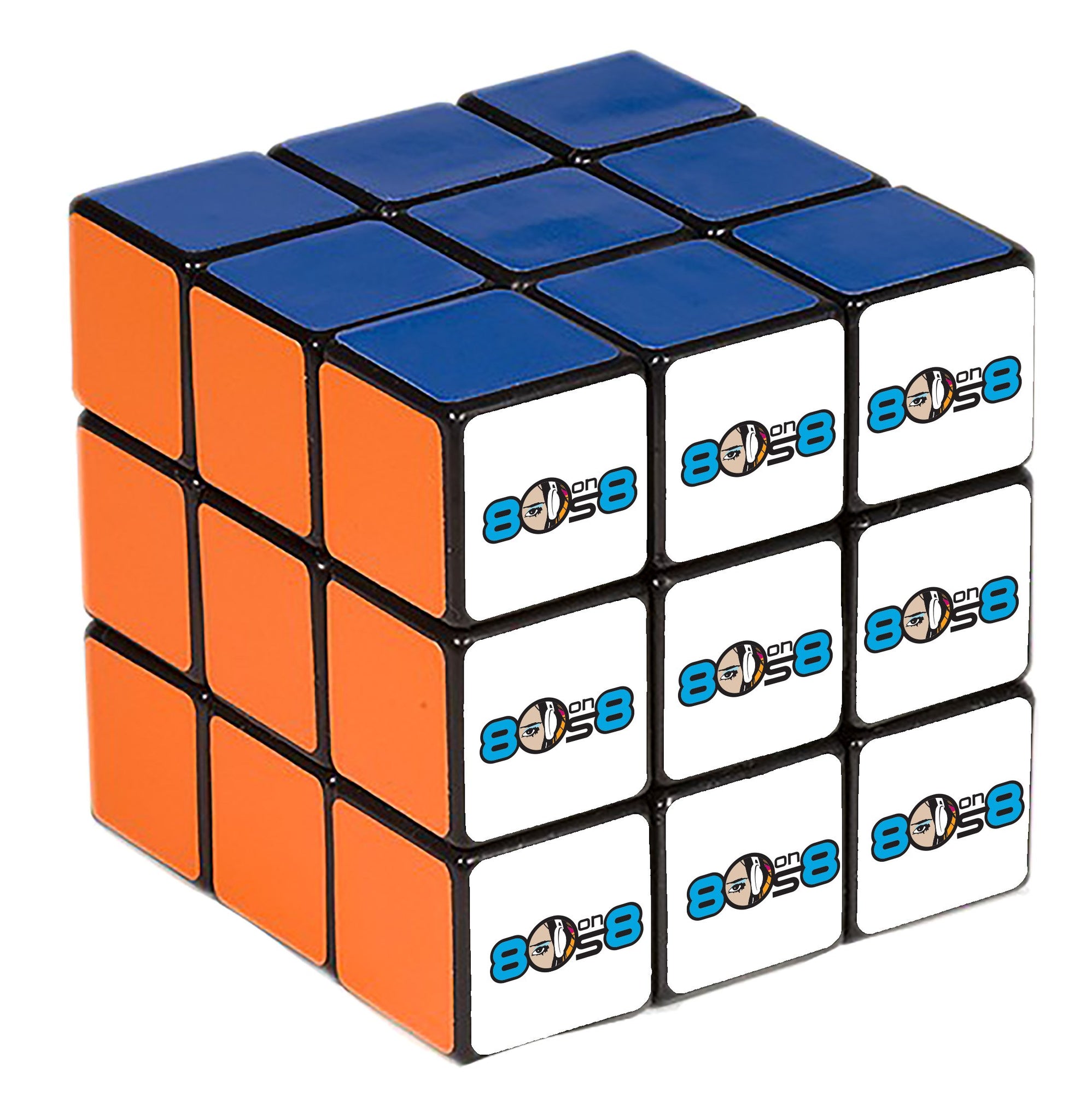 A colorful Rubik's cube with a logo featuring '80 on 8' on several sides.