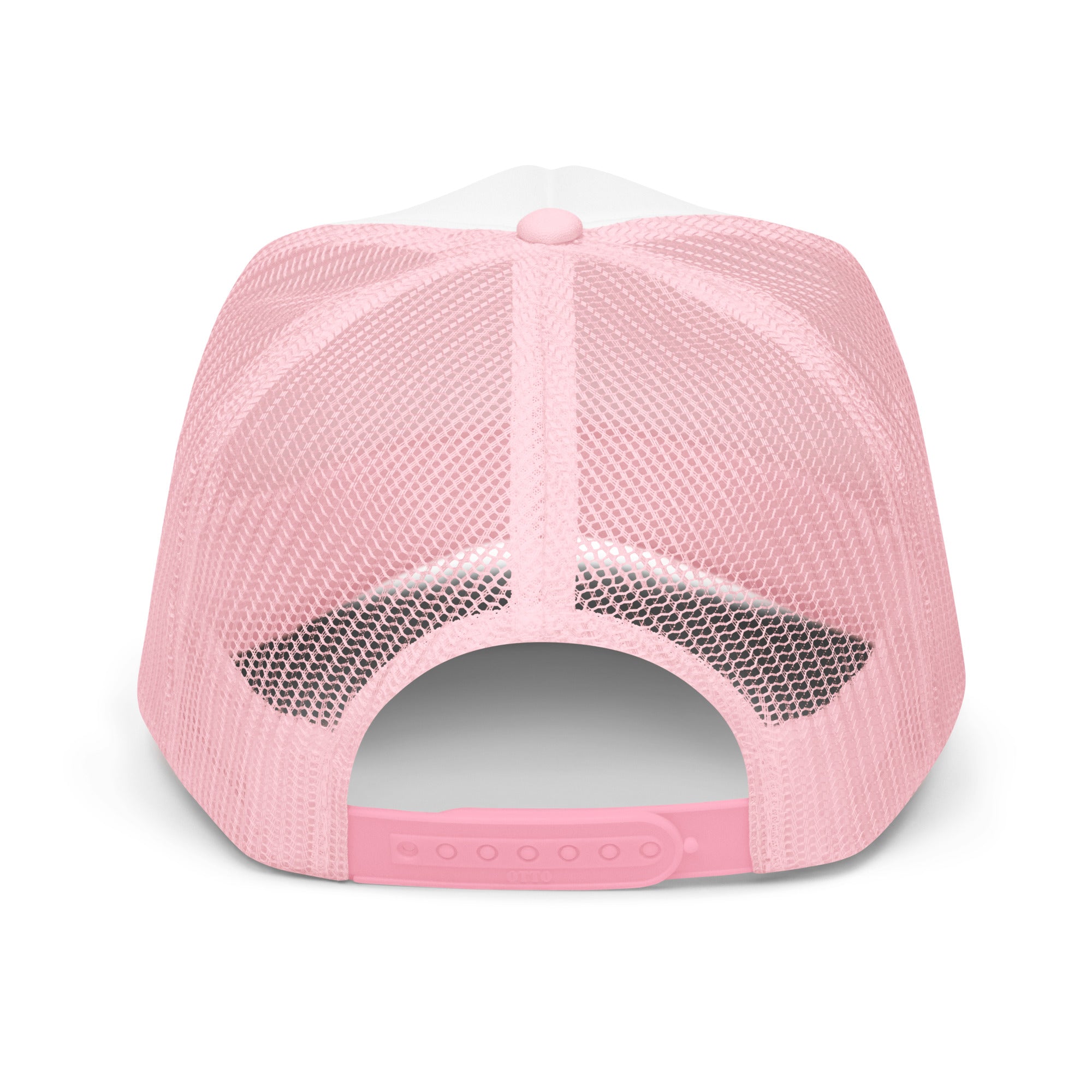 Back view of a pink mesh trucker cap with a snap closure.