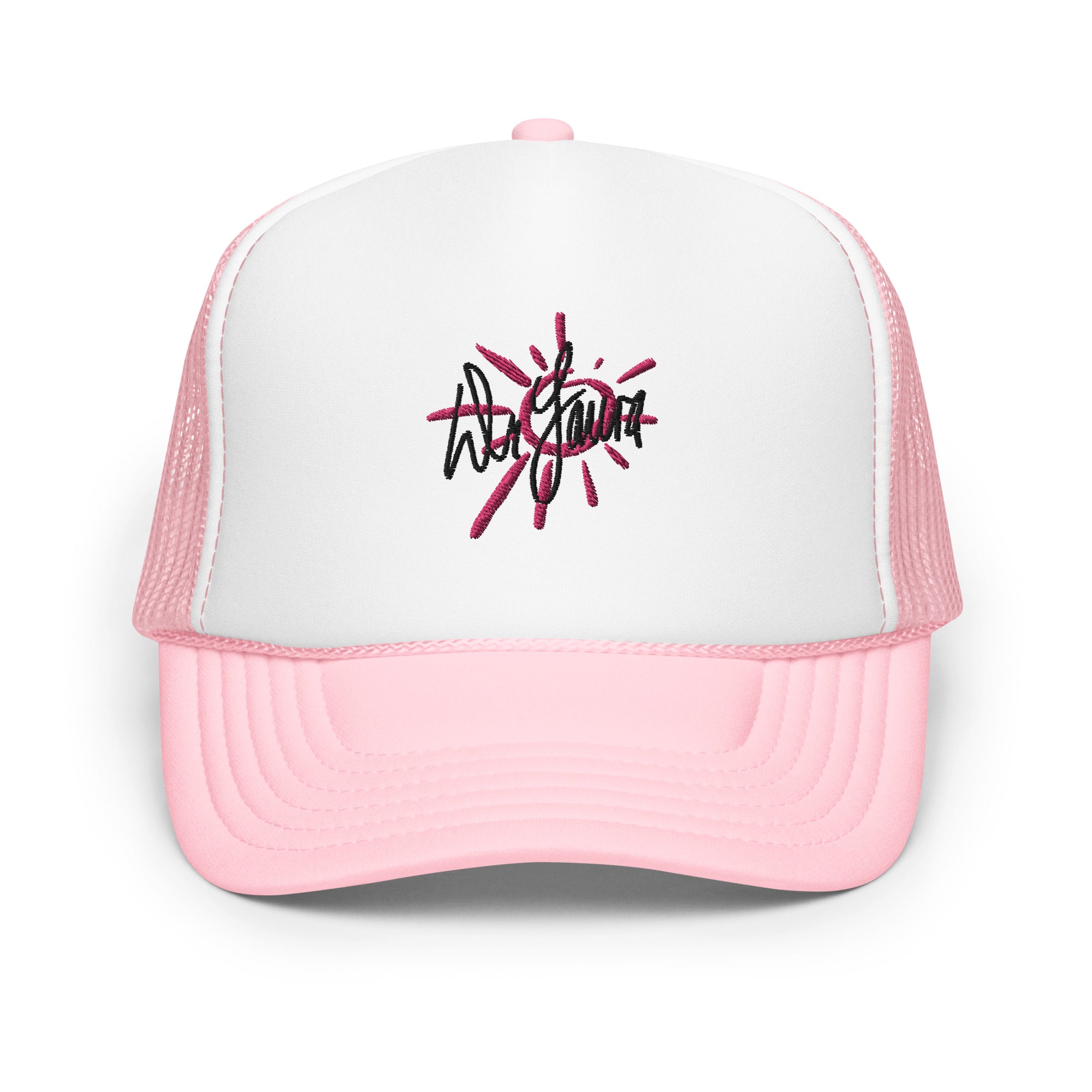 Pink and white trucker hat with embroidered 'Dr. Laura' signature logo design in the center.