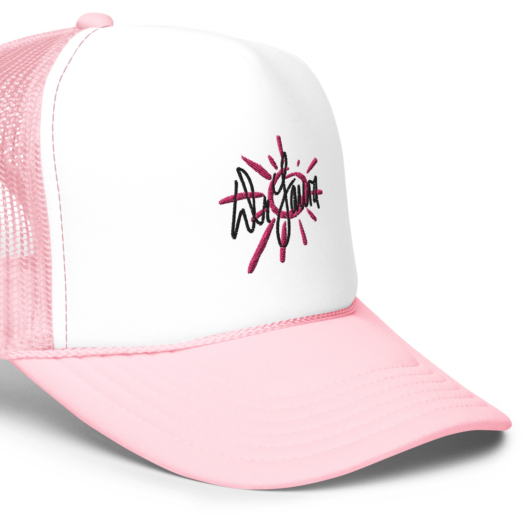 Close up of pink and white trucker hat featuring an embroidered design with sun rays and 'Dr. Laura' signature logo text.