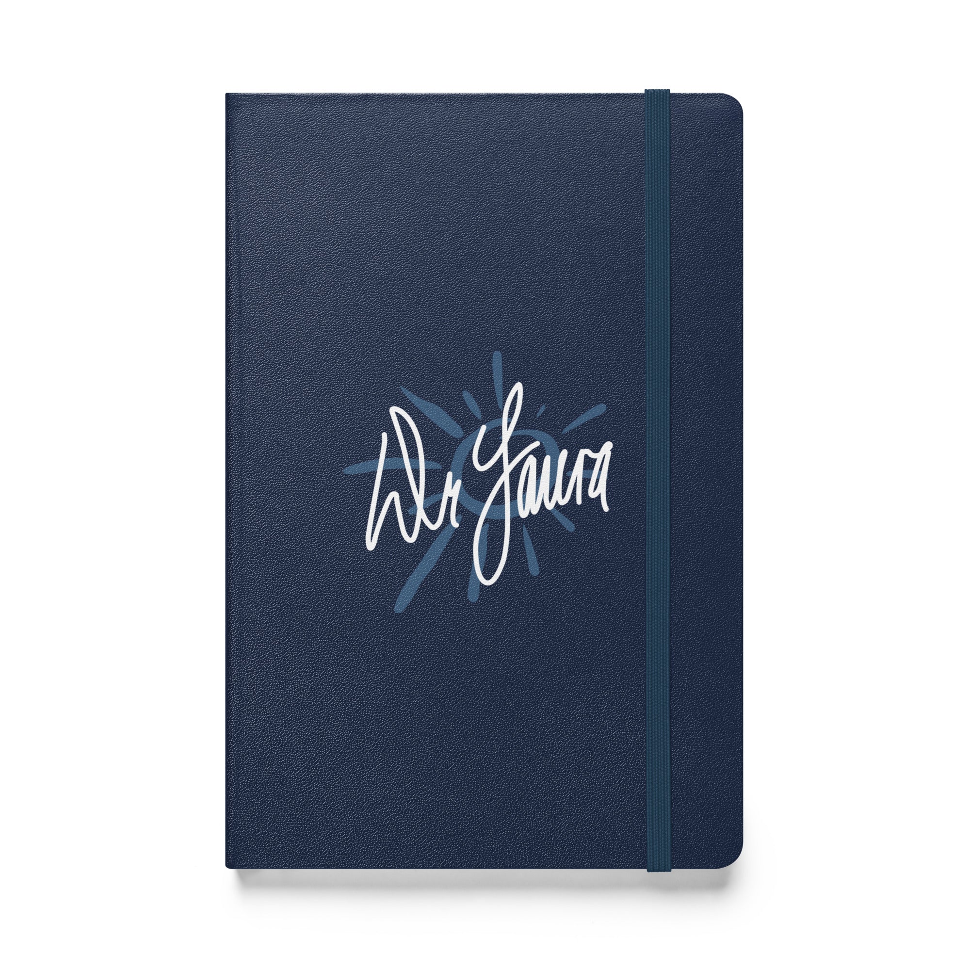 Navy notebook cover with a 'Dr. Laura' signature logo in white, surrounded by light blue bursts.