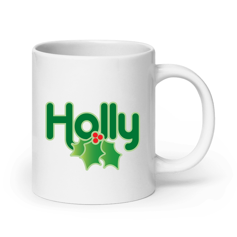 White mug with 'Holly' text and holly leaf design on a white background