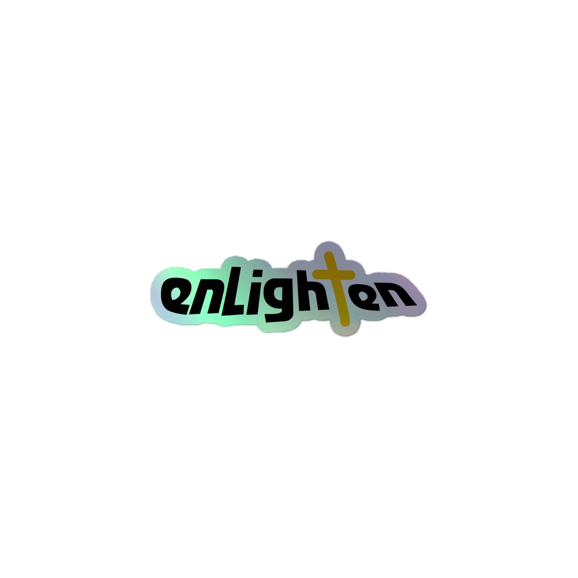 Holographic sticker of the 'enLighten' logo, featuring a gold cross incorporated in the text.
