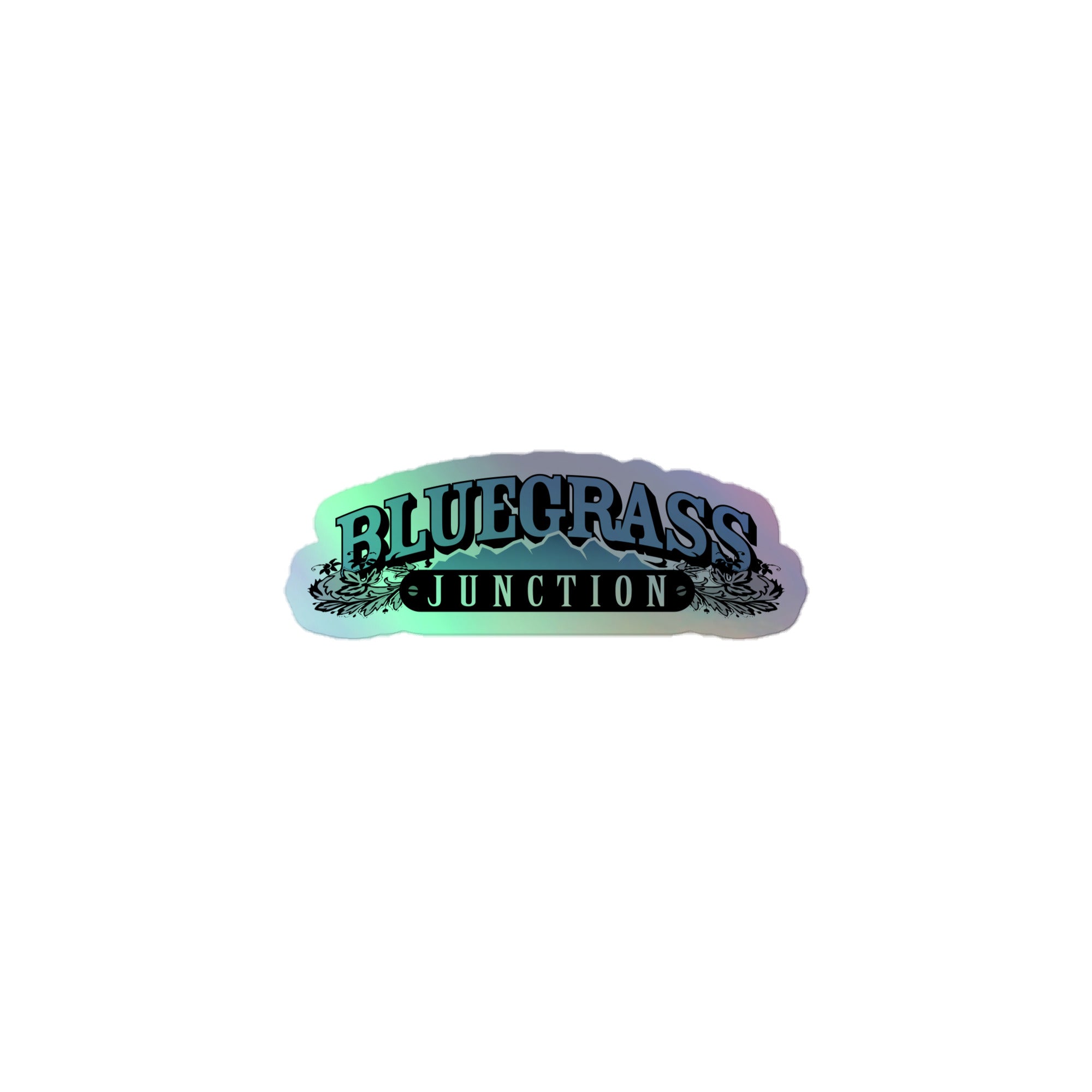 Holographic sticker of 'Bluegrass Junction' logo, featuring stylized text and decorative elements.