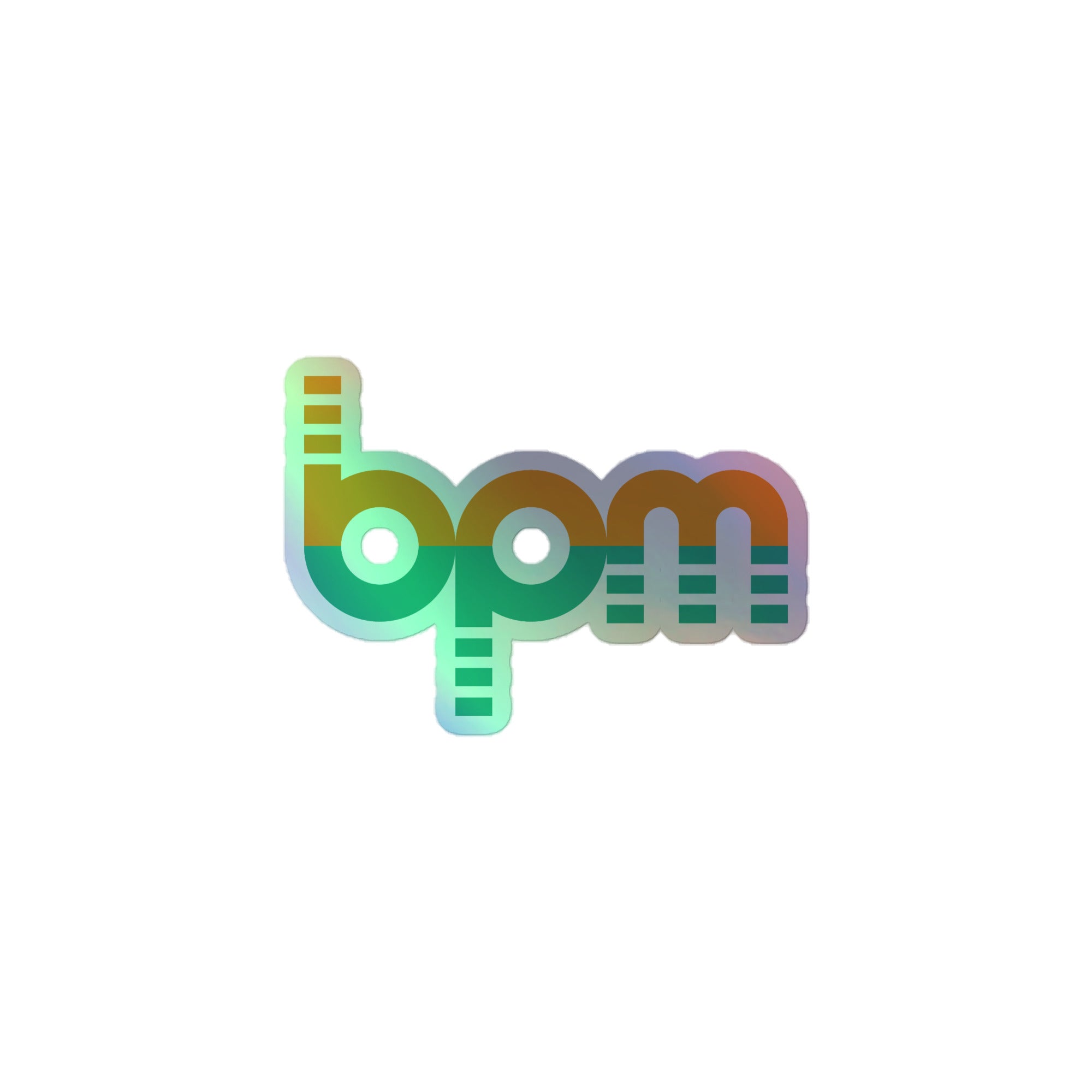 Holographic sticker of the colorful 'bpm' logo with sound wave elements, featuring gradient hues of green, orange, and blue.