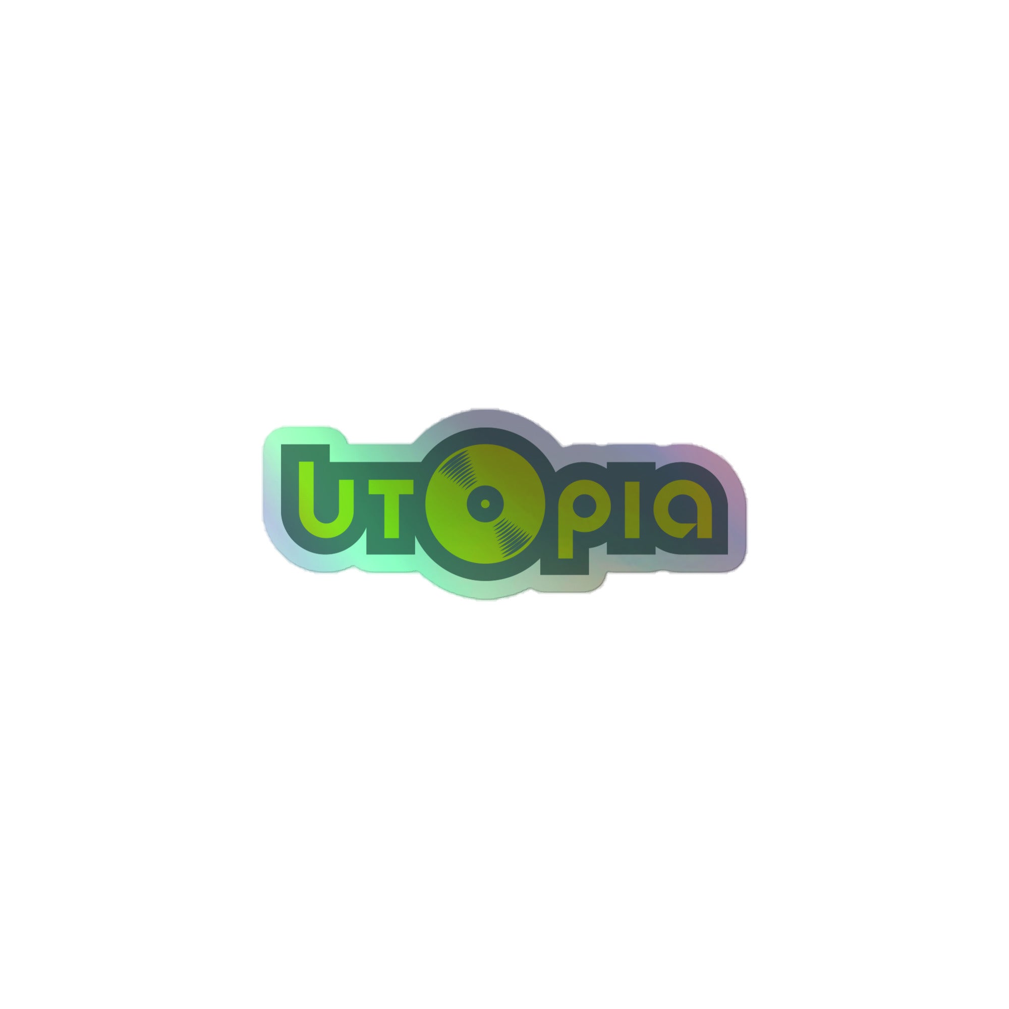Holographic sticker of the 'Utopia' logo featuring a green and blue color scheme with a vinyl record design.