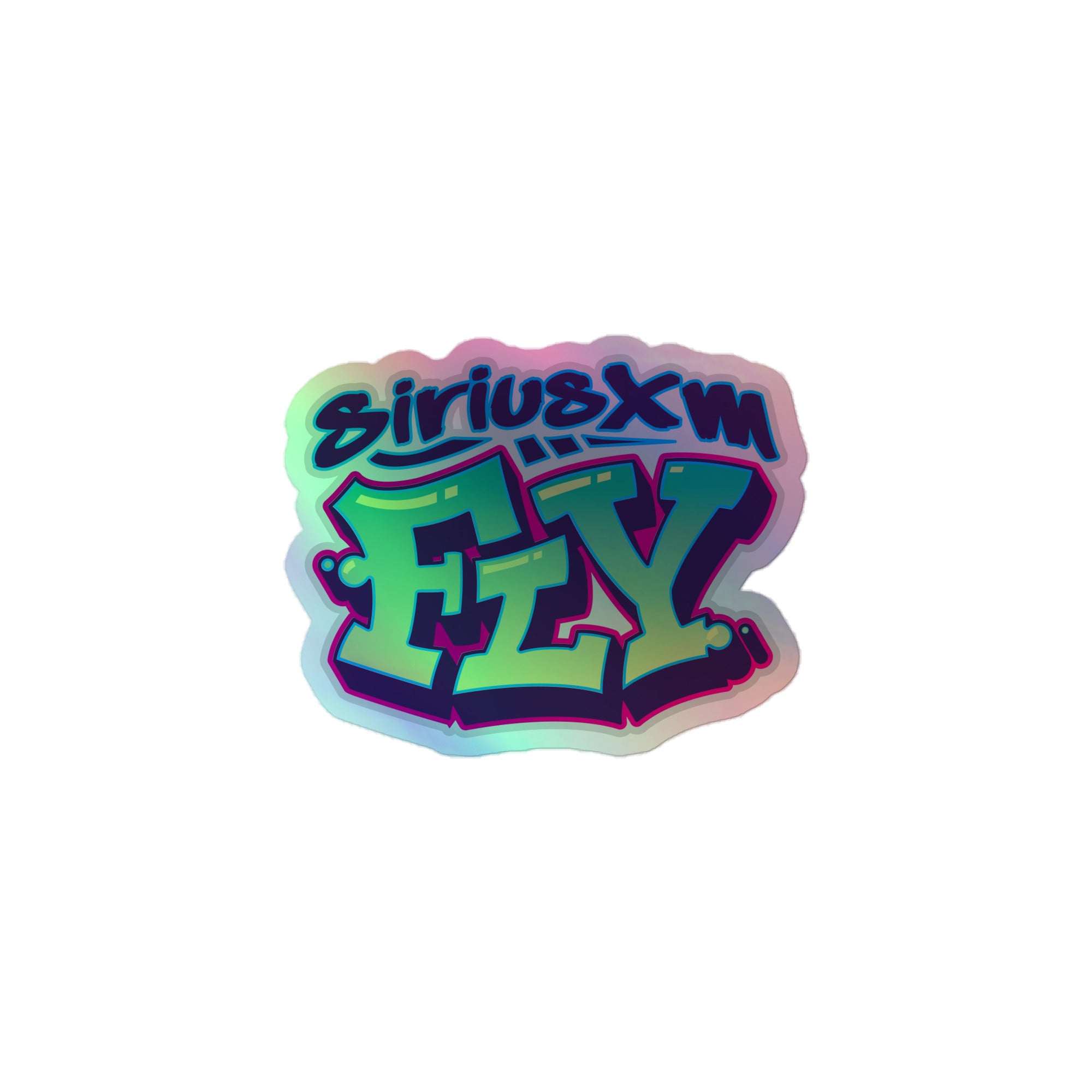 Holographic sticker of the colorful  'siriusxm FLY' logo, featuring a graffiti-style font.