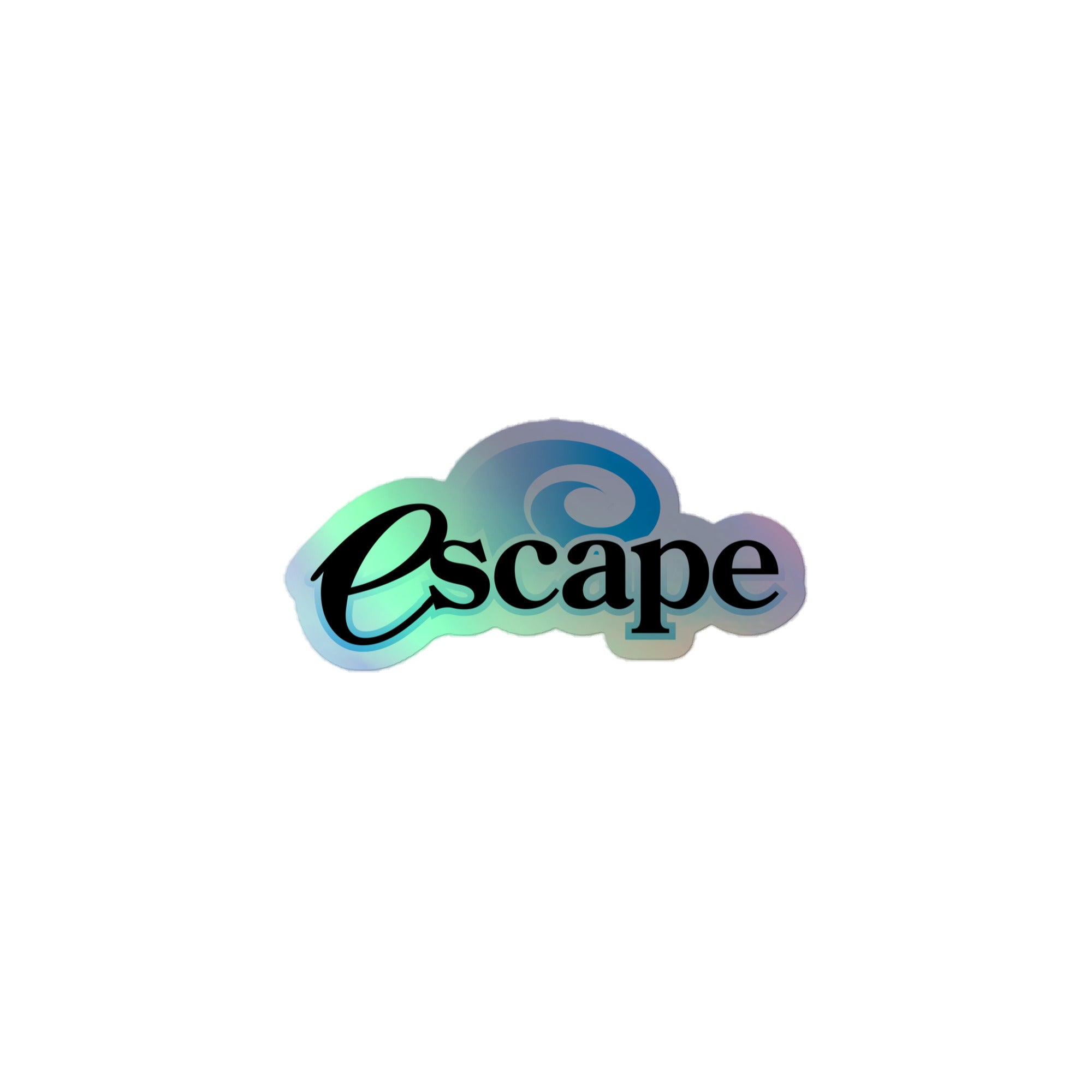 Holographic sticker of the 'escape' logo with a cloud-like design and wave elements.