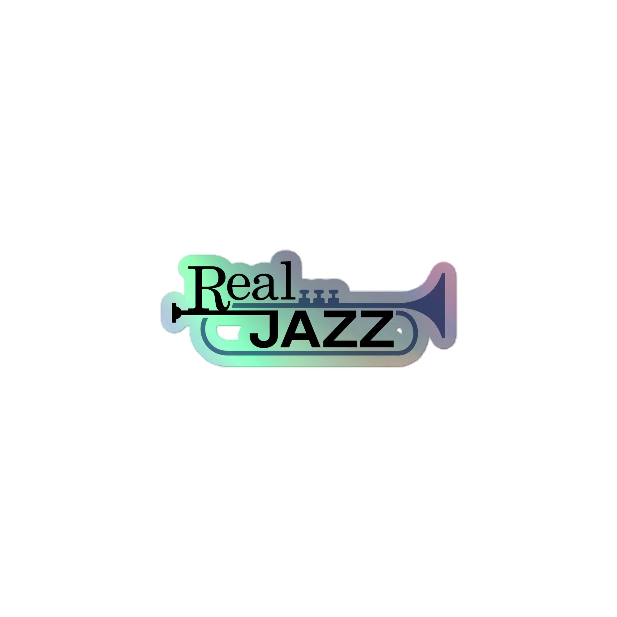 Holographic sticker of 'Real JAZZ'  logo featuring a trumpet in colorful gradient style.