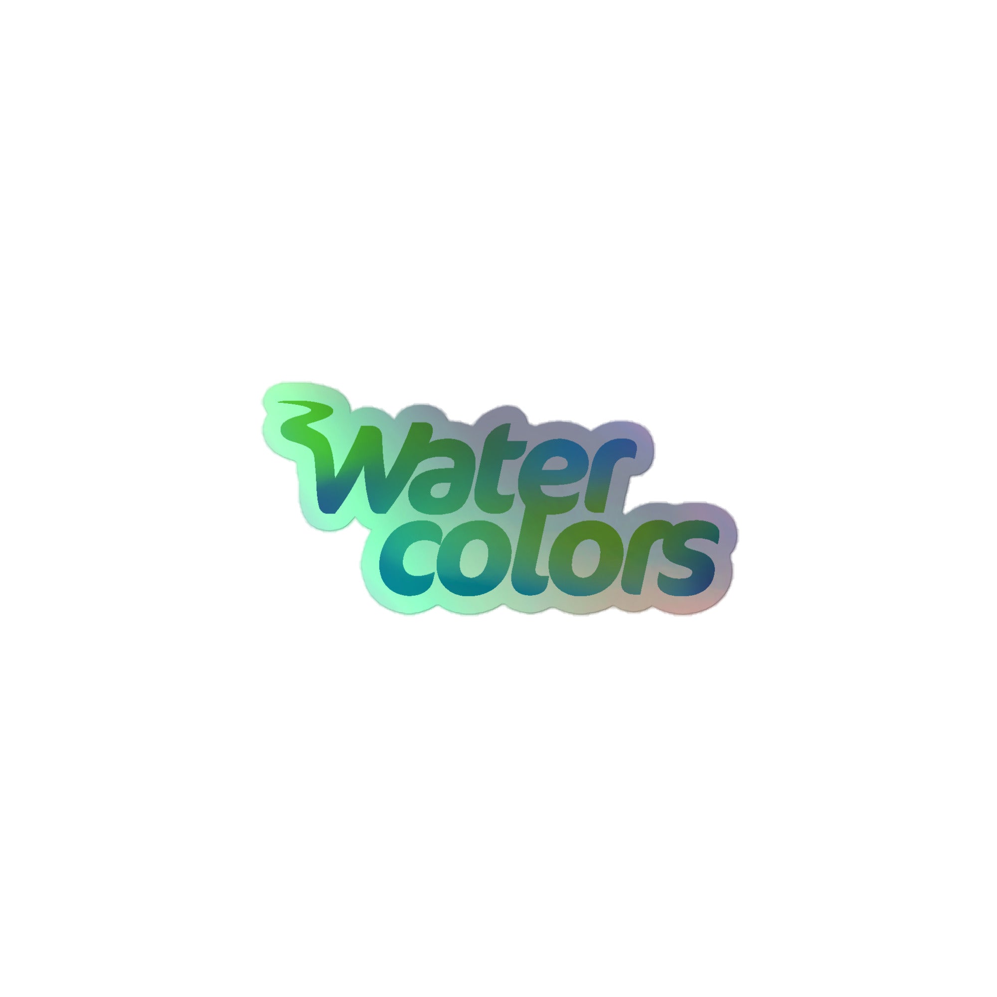 Holographic sticker of colorful 'water colors' logo with a gradient effect.