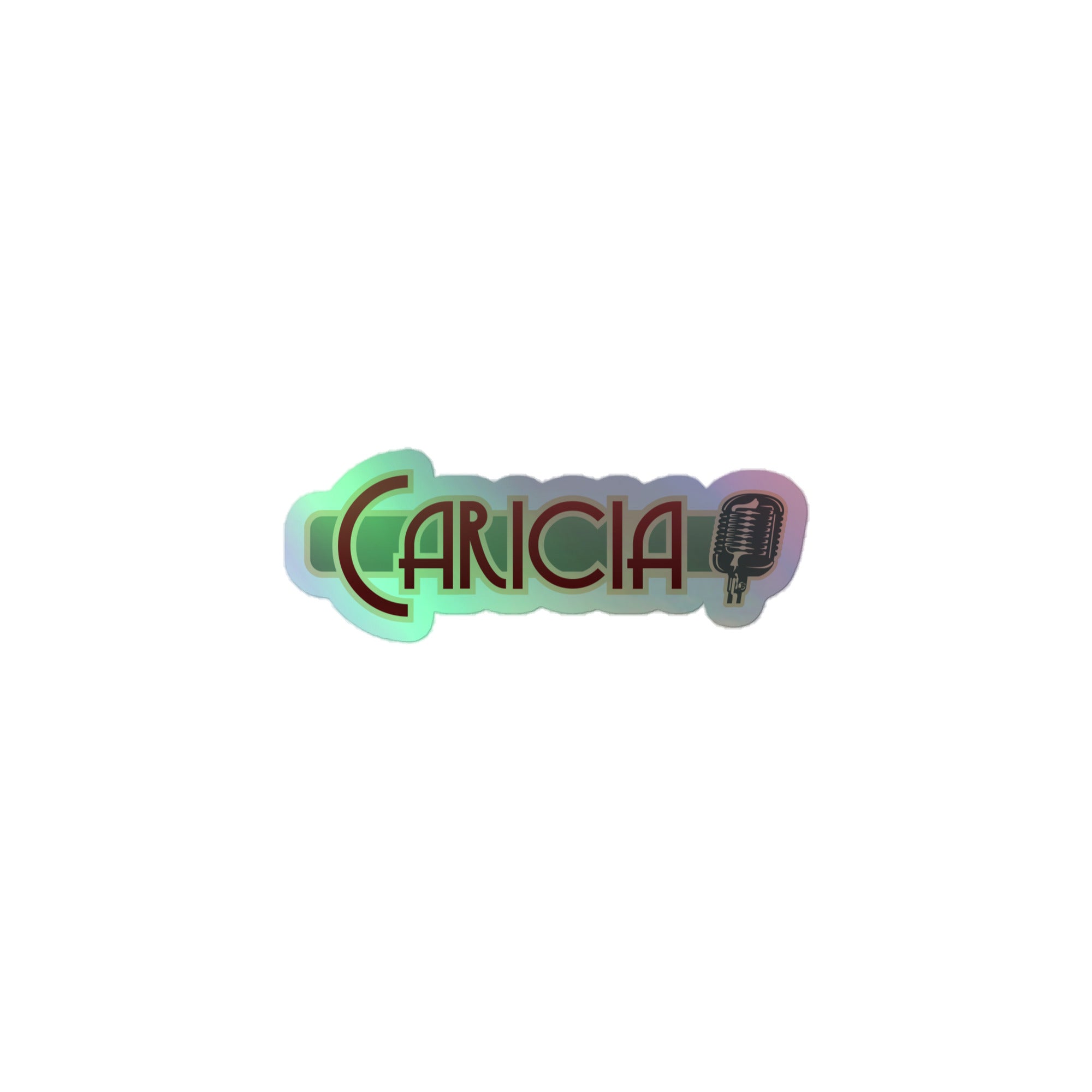 Holographic sticker of the 'Caricia' logo featuring stylized text and a microphone graphic.