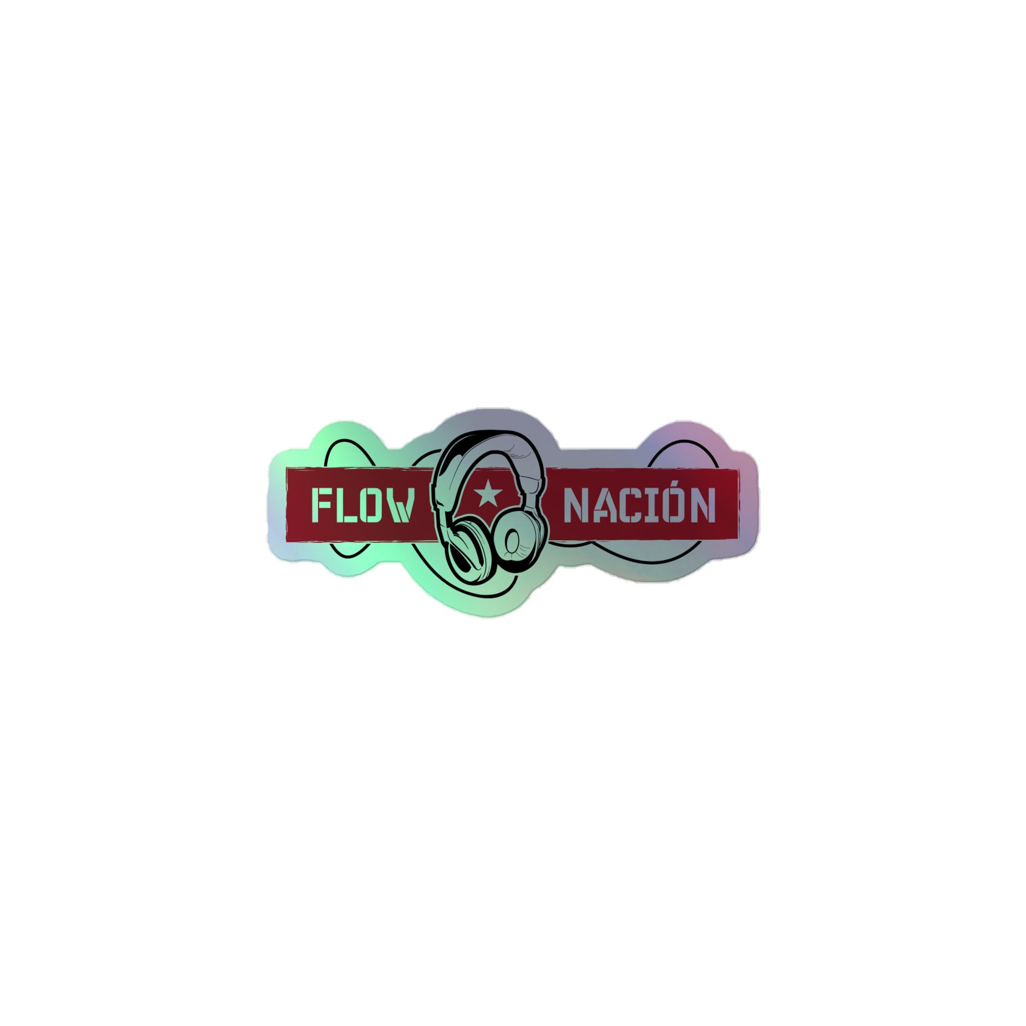 Holographic sticker of the 'FLOW NACIÓN' logo featuring headphones and a colorful, glossy design.