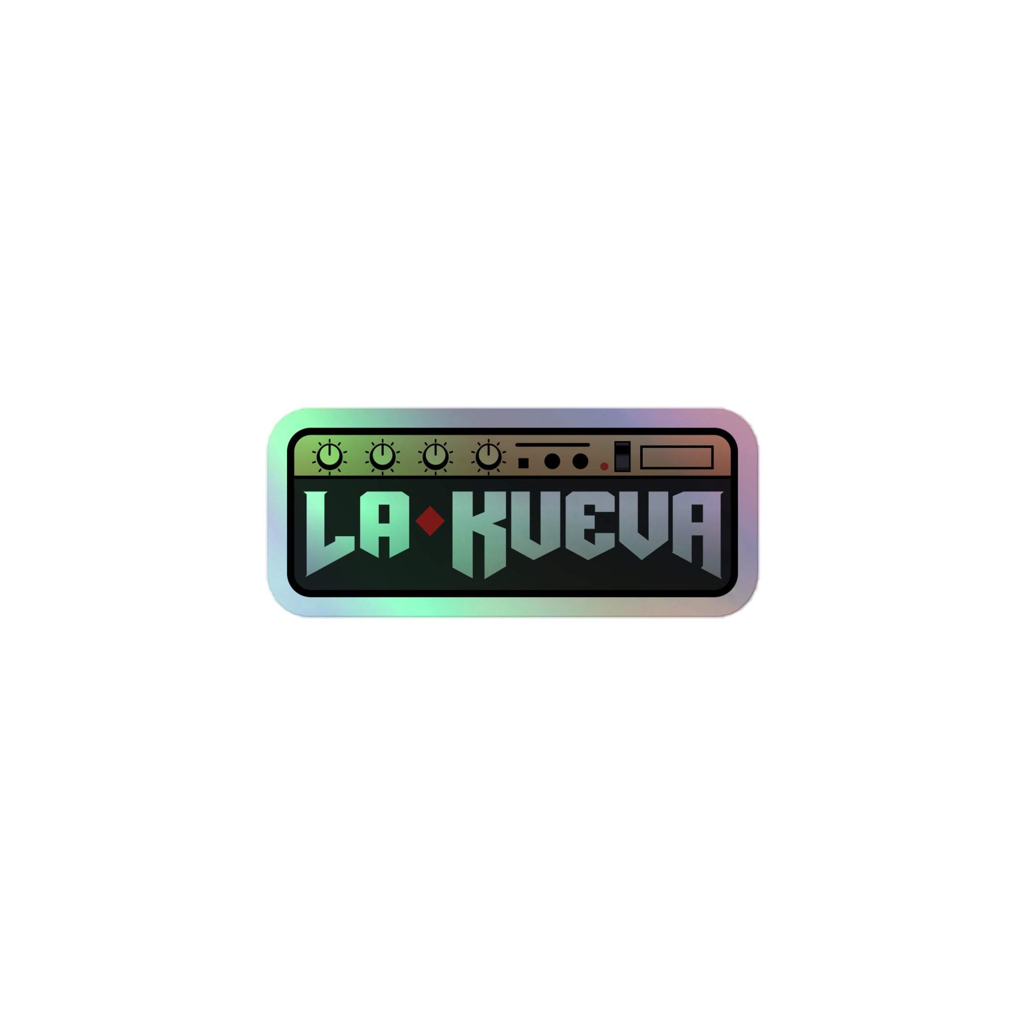 Holographic sticker of 'La Kueva' logo featuring a graphic design with radio dial elements and vibrant colors.