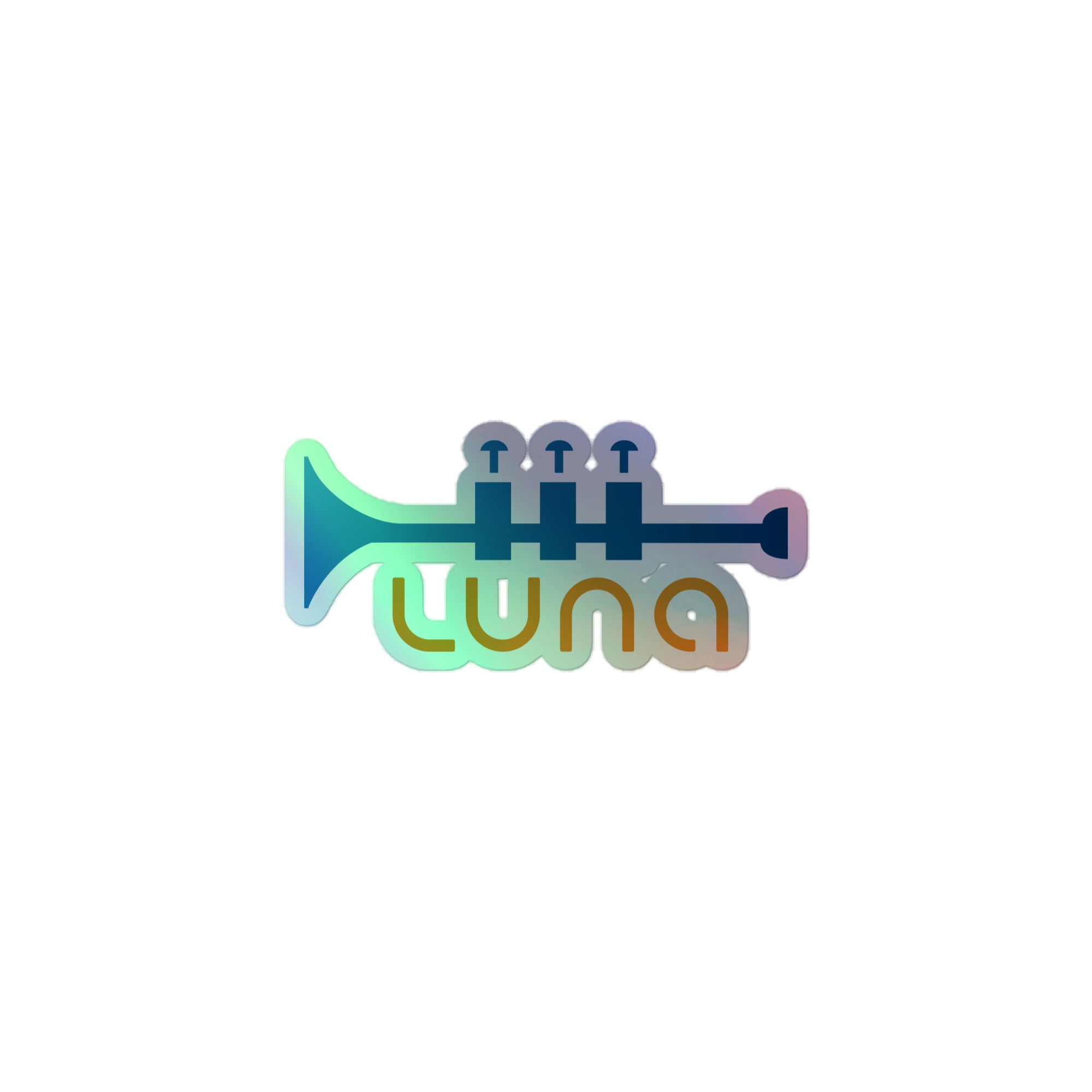 Holographic sticker of the 'Luna' logo featuring a trumpet and a gradient color scheme.