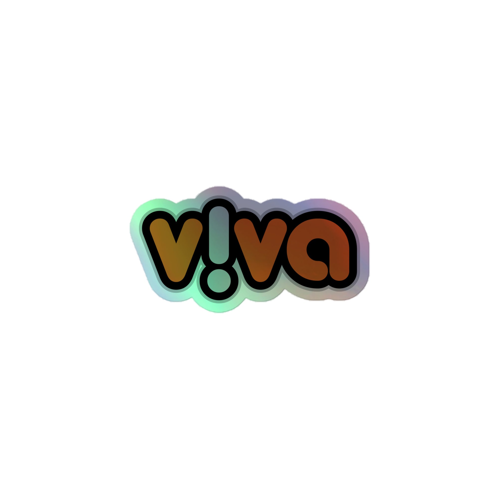 Holographic sticker of the 'v!va' logo, featuring bold vibrant colors and a shadow effect.