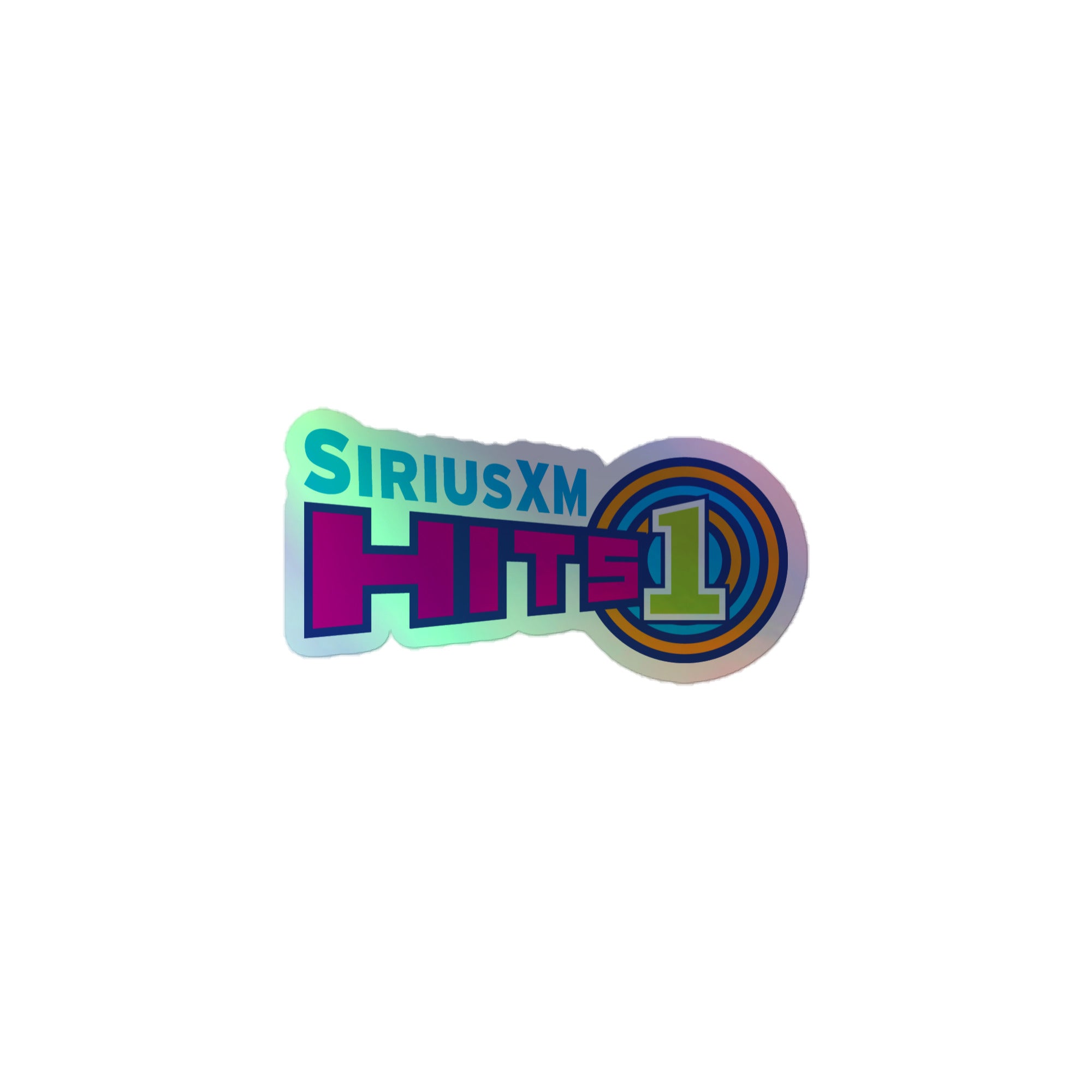 Holographic sticker of the 'SiriusXM Hits 1' logo with vibrant colors and stylized text.