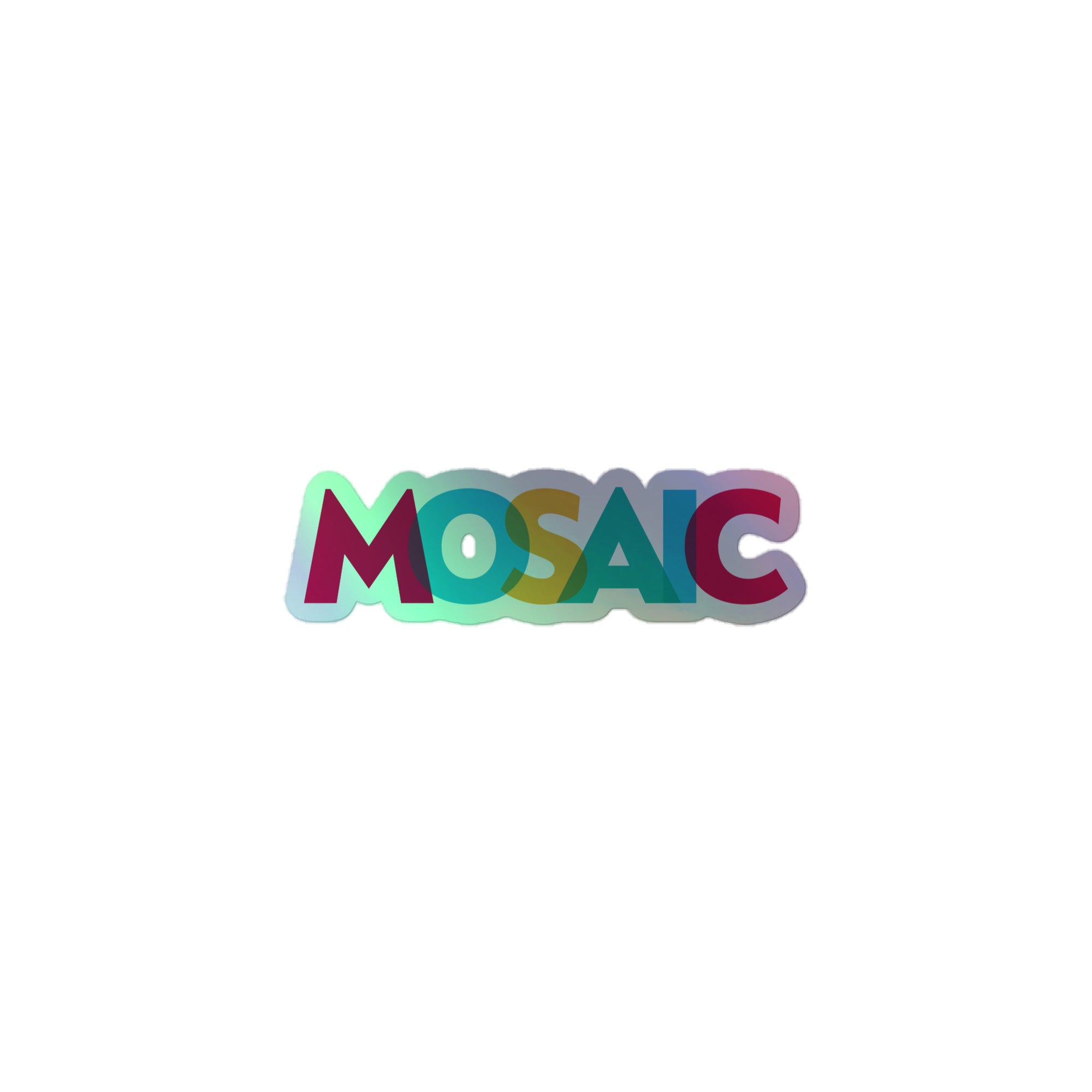 Holographic sticker of the colorful 'MOSAIC' logo with a gradient effect.