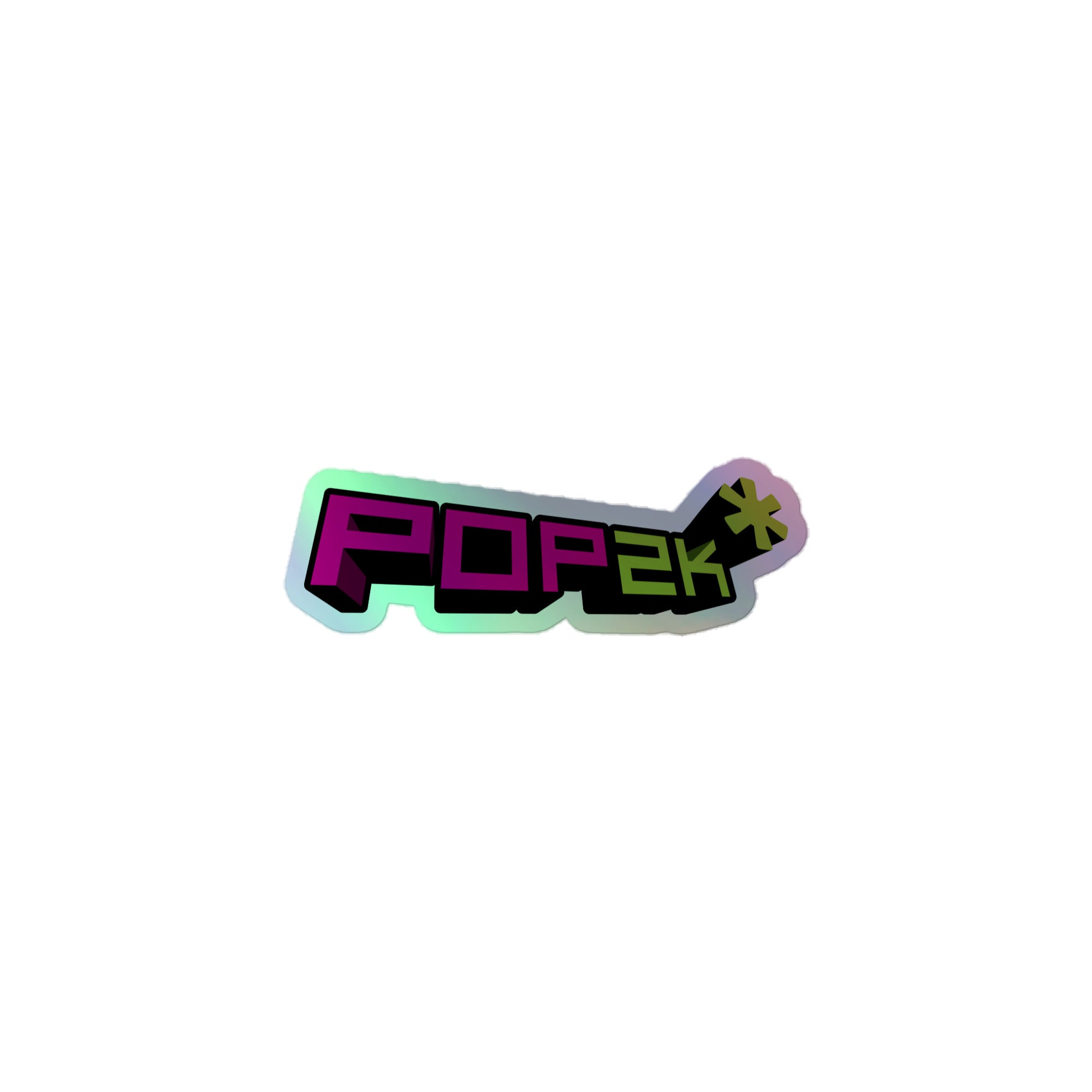 Holographic sticker of the 'POP2k*' logo in vibrant colors and a glossy finish.