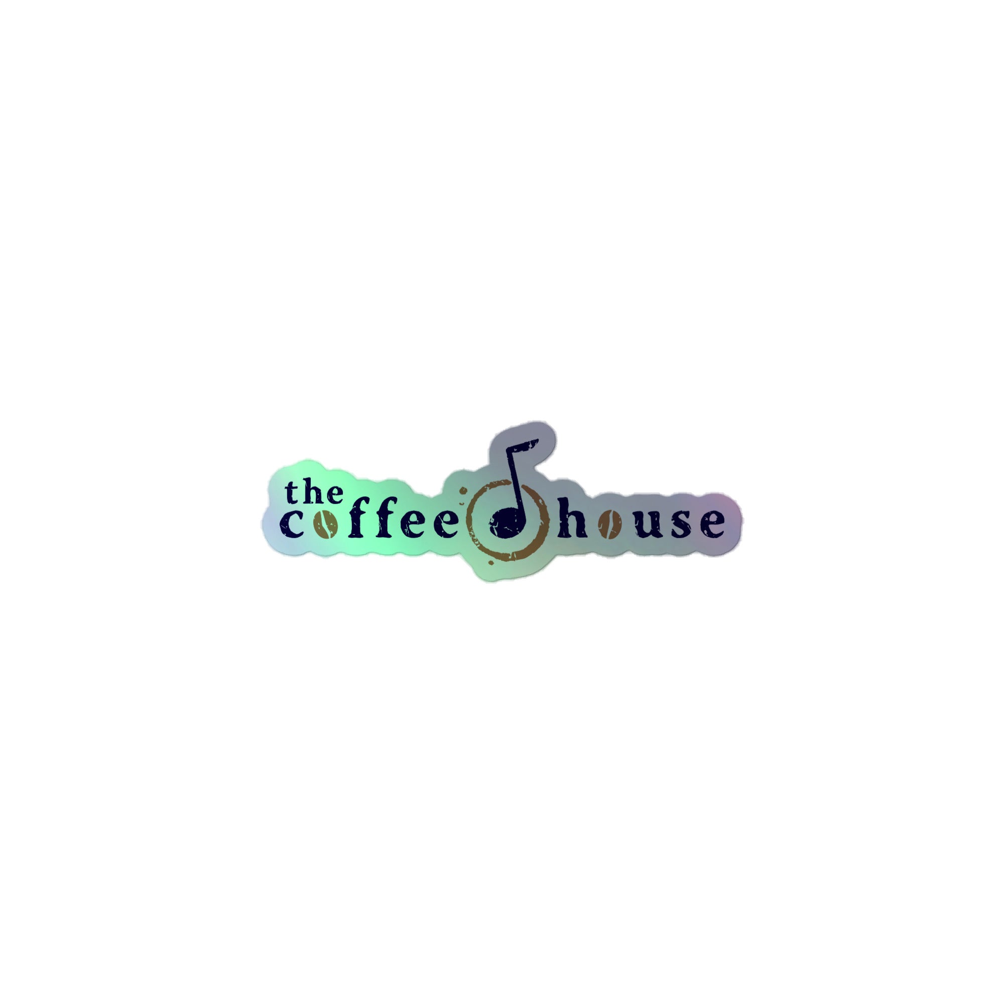 Holographic sticker of 'the coffee house' logo featuring a musical note.