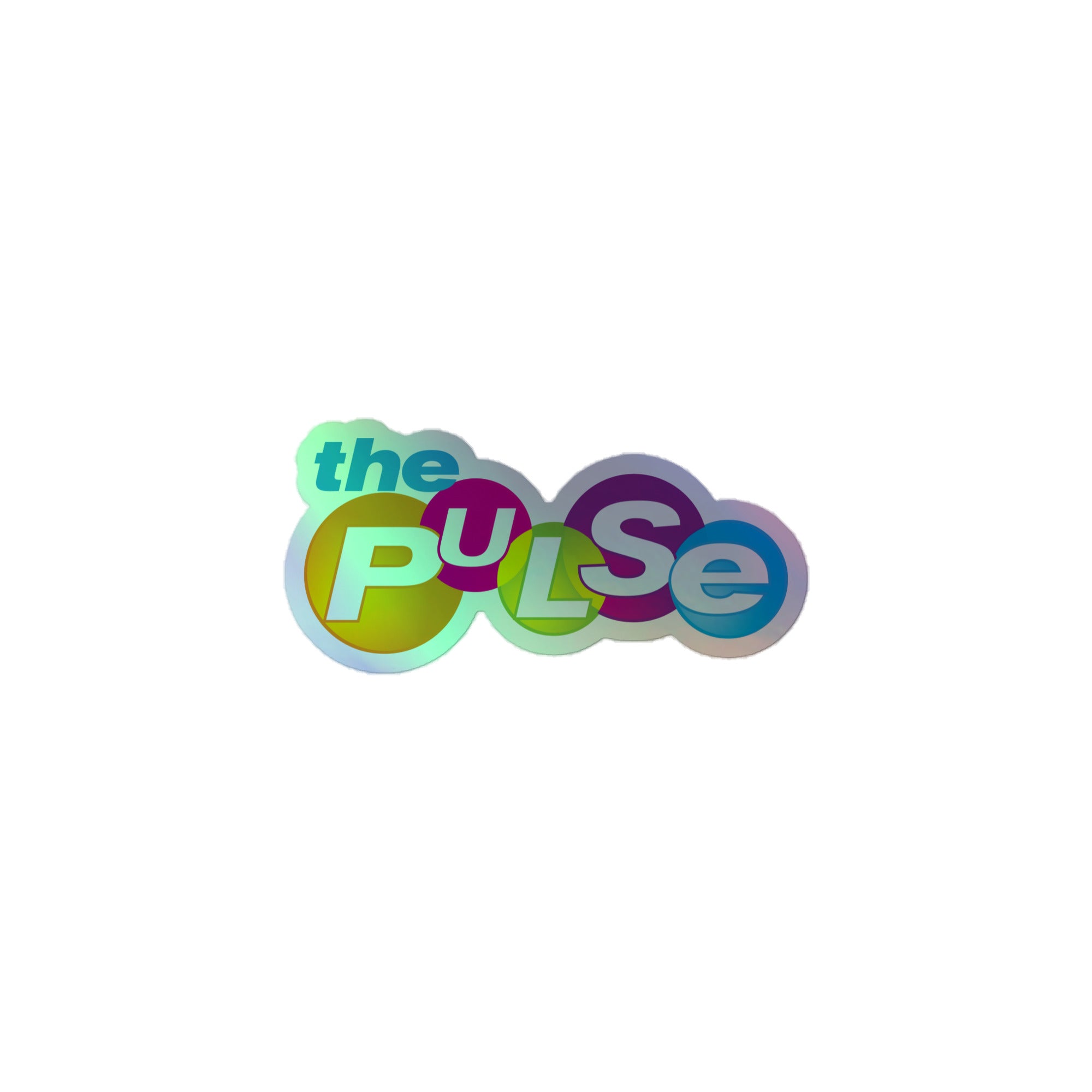 Holographic sticker of 'the PULSE' logo, featuring colorful, circular lettering with a glossy finish.