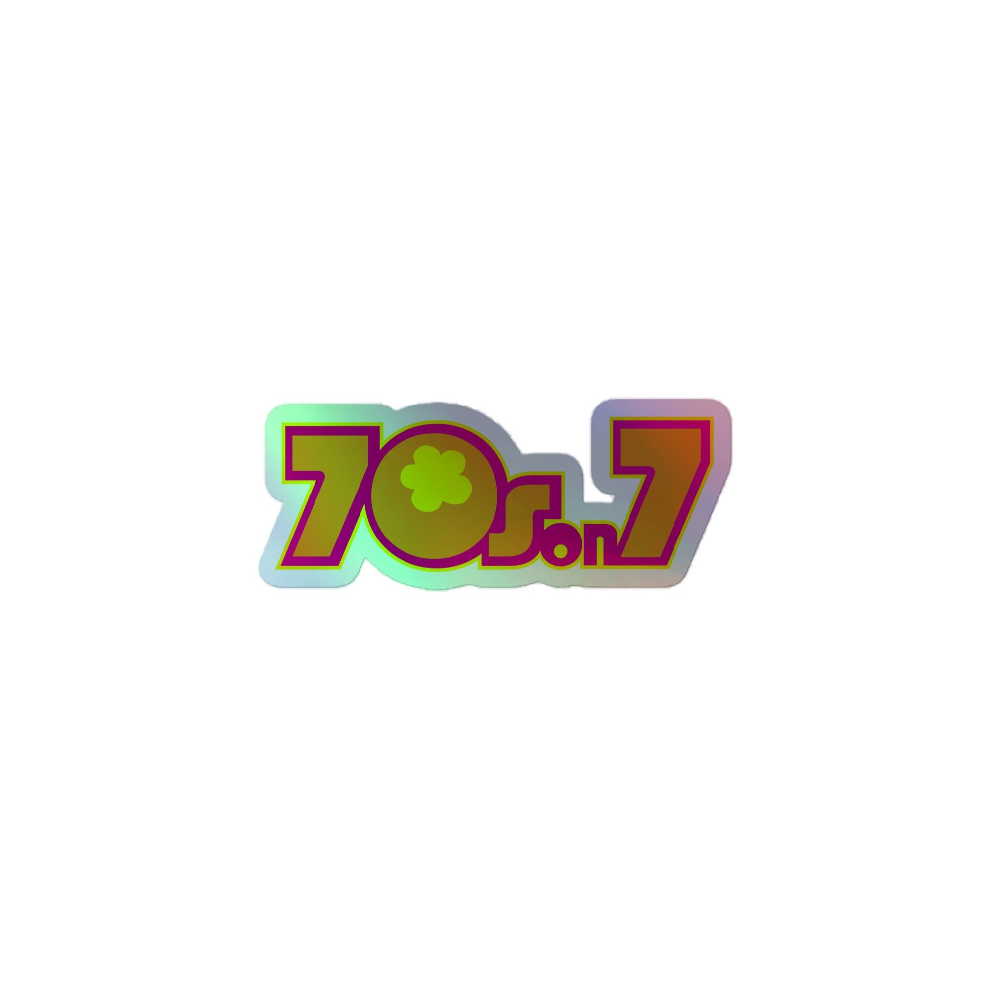 Holographic sticker of colorful '70s on 7' logo, featuring a flower design element.