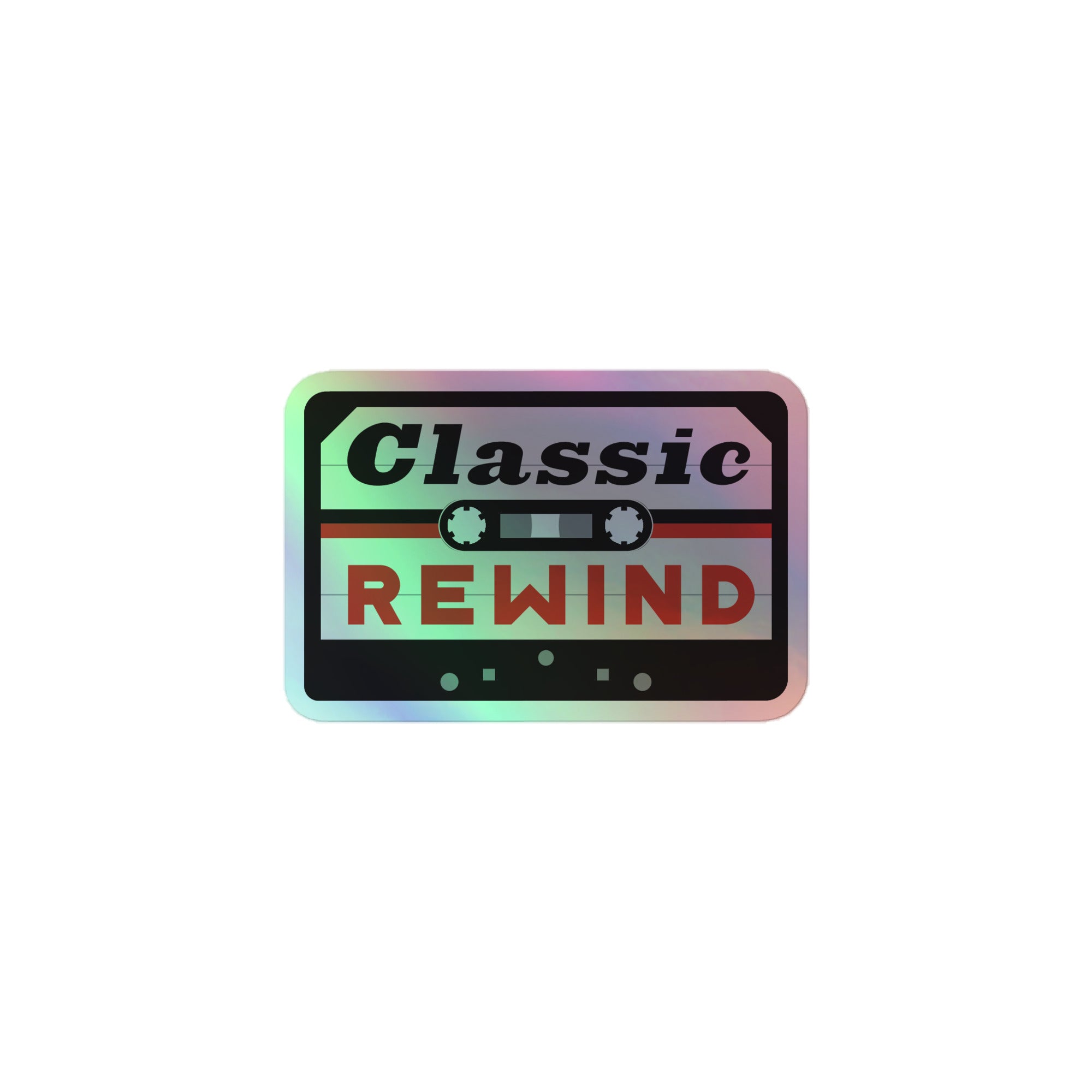 Holographic sticker of 'Classic REWIND' logo, featuring retro cassette tape design in bold colors.