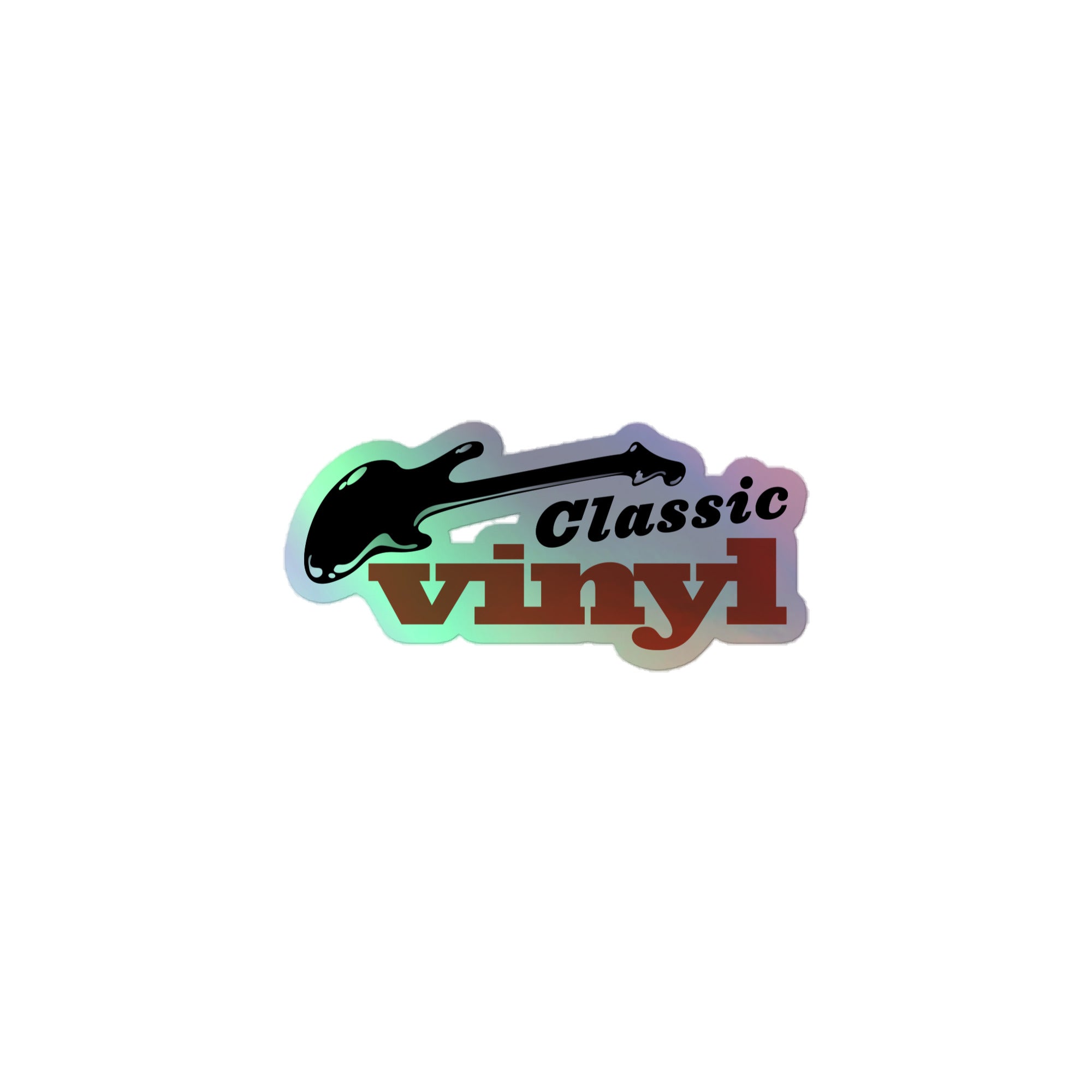 Holographic sticker of 'Classic Vinyl' logo featuring a guitar silhouette and stylized text.
