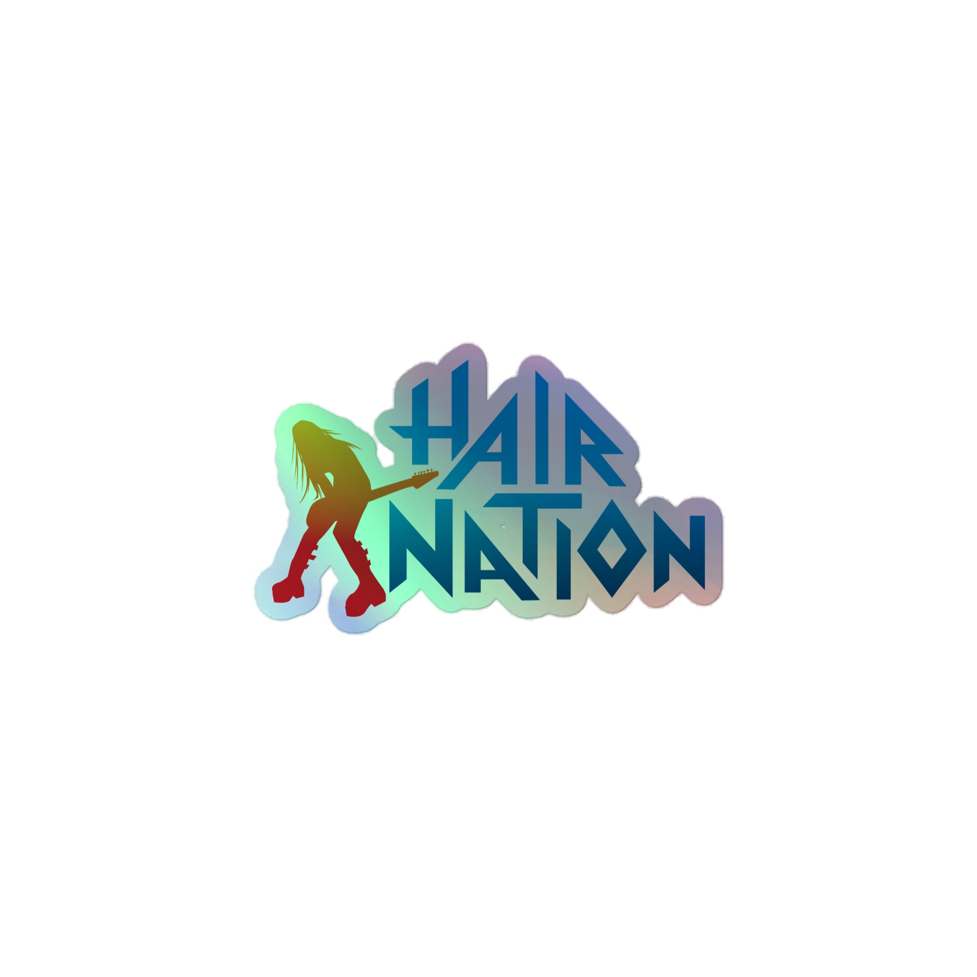 A holographic sticker of the 'Hair Nation' logo featuring a silhouette of a guitarist with colorful text.