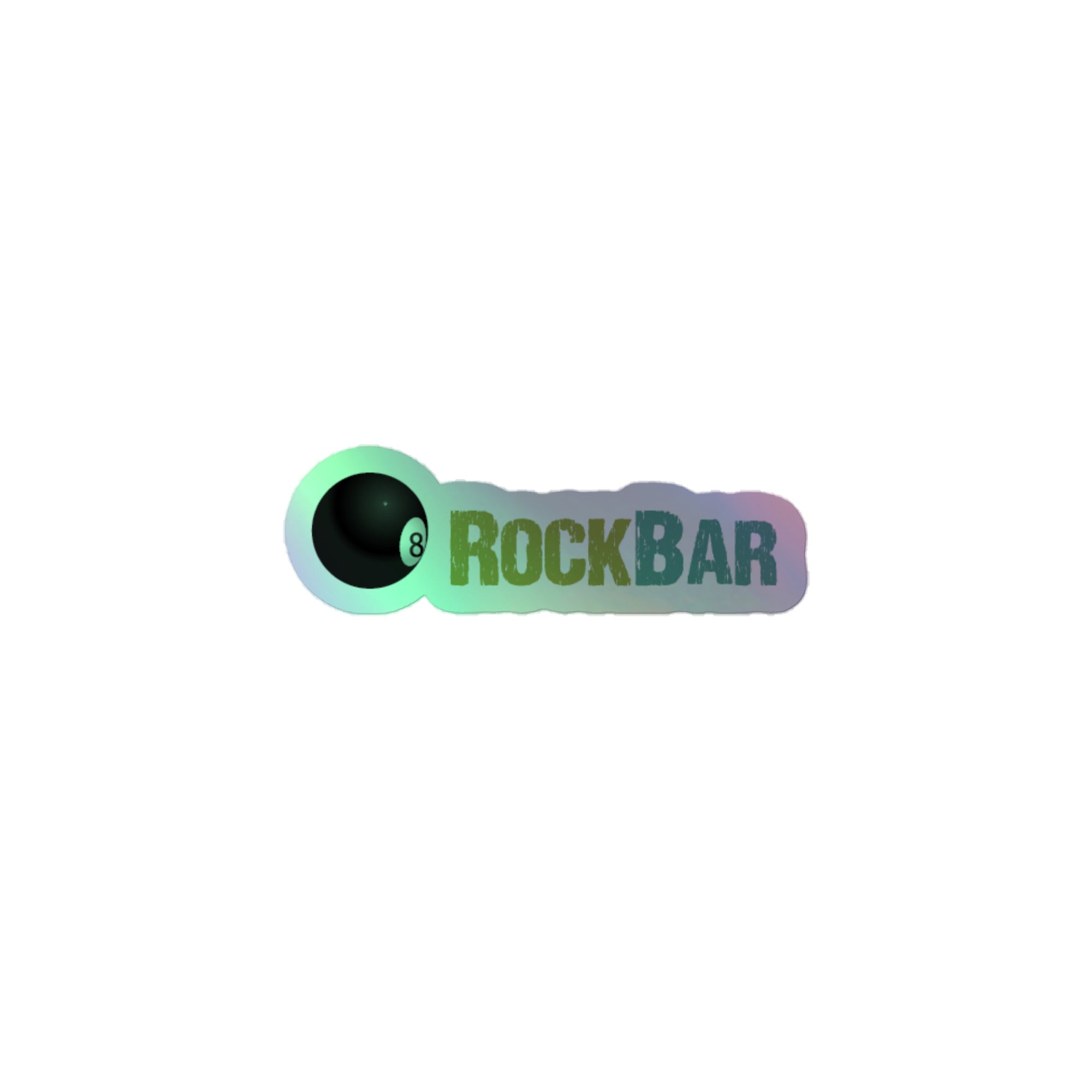 Holographic sticker of the  'RockBar' logo featuring an eight ball graphic and stylized text.